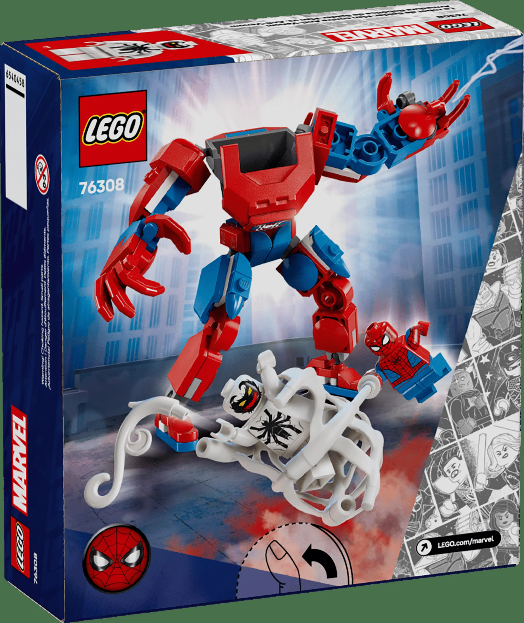 Imagine cu cutia setului LEGO 76308, cu Spider-Man Mech și Anti-Venom în acțiune.
