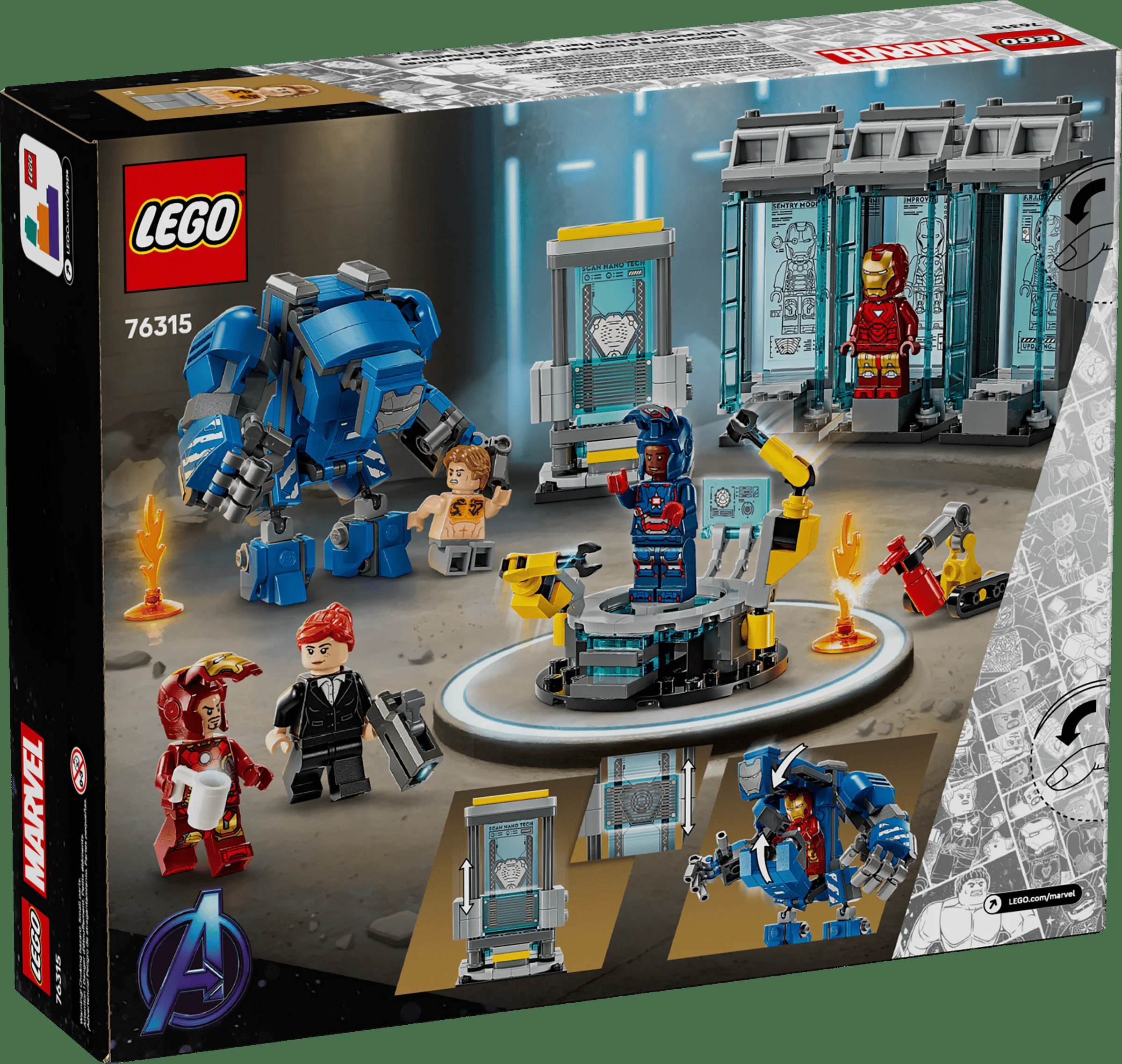Imagine a cutiei LEGO 76315, Laboratorul lui Iron Man: Sala Armurilor, cu minifigurine și detalii.