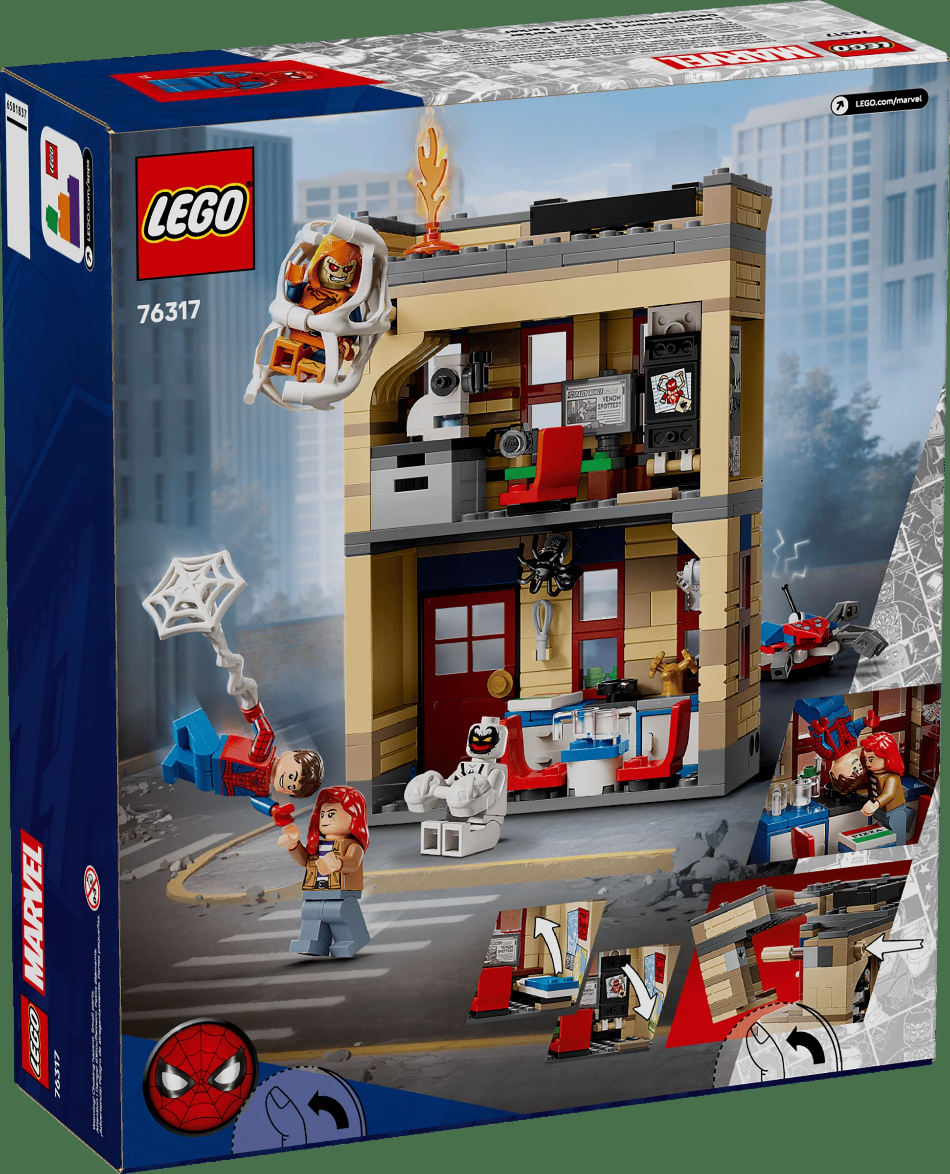 Cutia LEGO 76317 prezintă apartamentul lui Peter Parker și minifigurinele. Design detaliat și plin de acțiune.