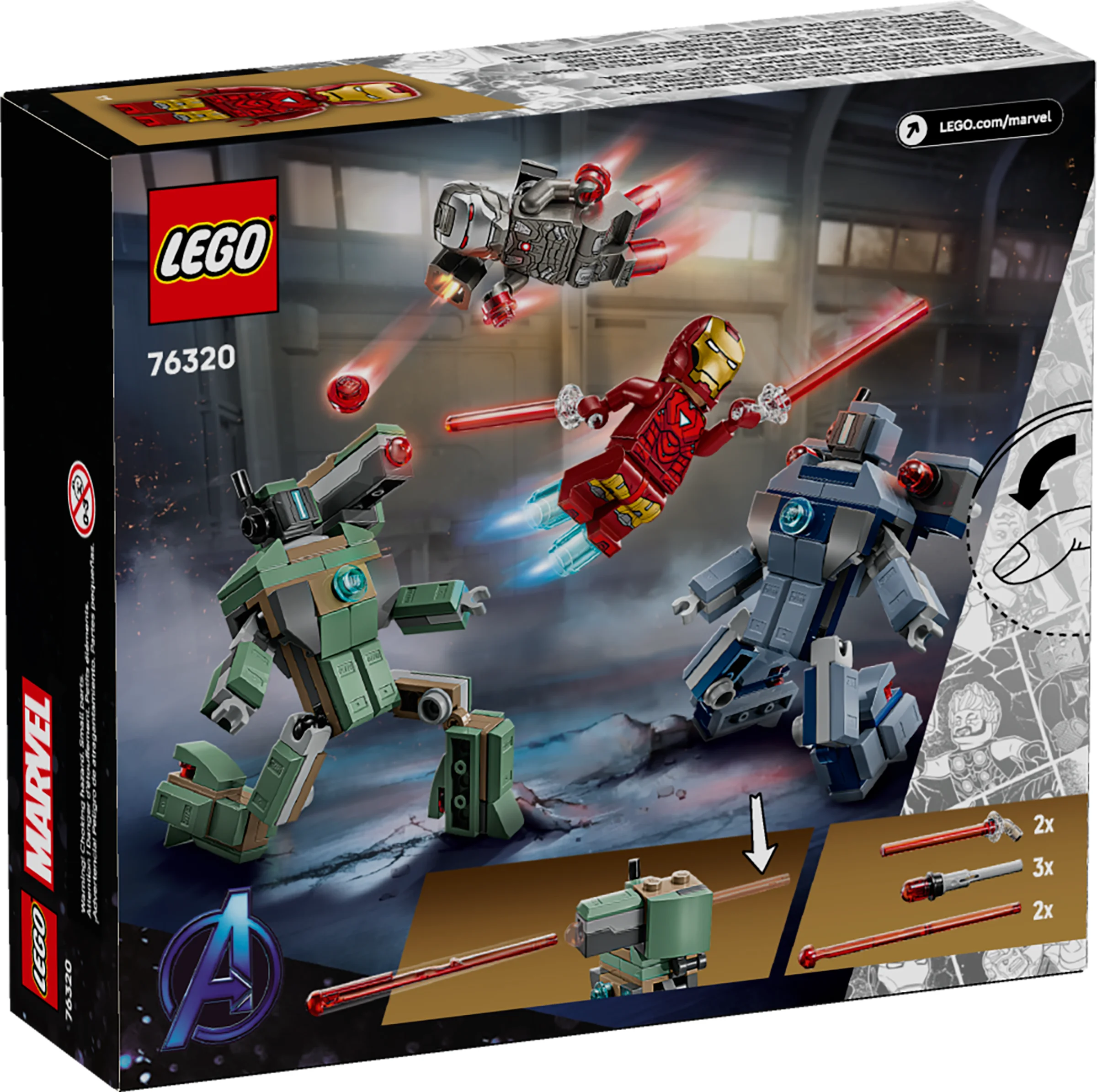 Cutia LEGO 76320 prezintă o scenă de luptă cu Iron Man, War Machine și drone Hammer.