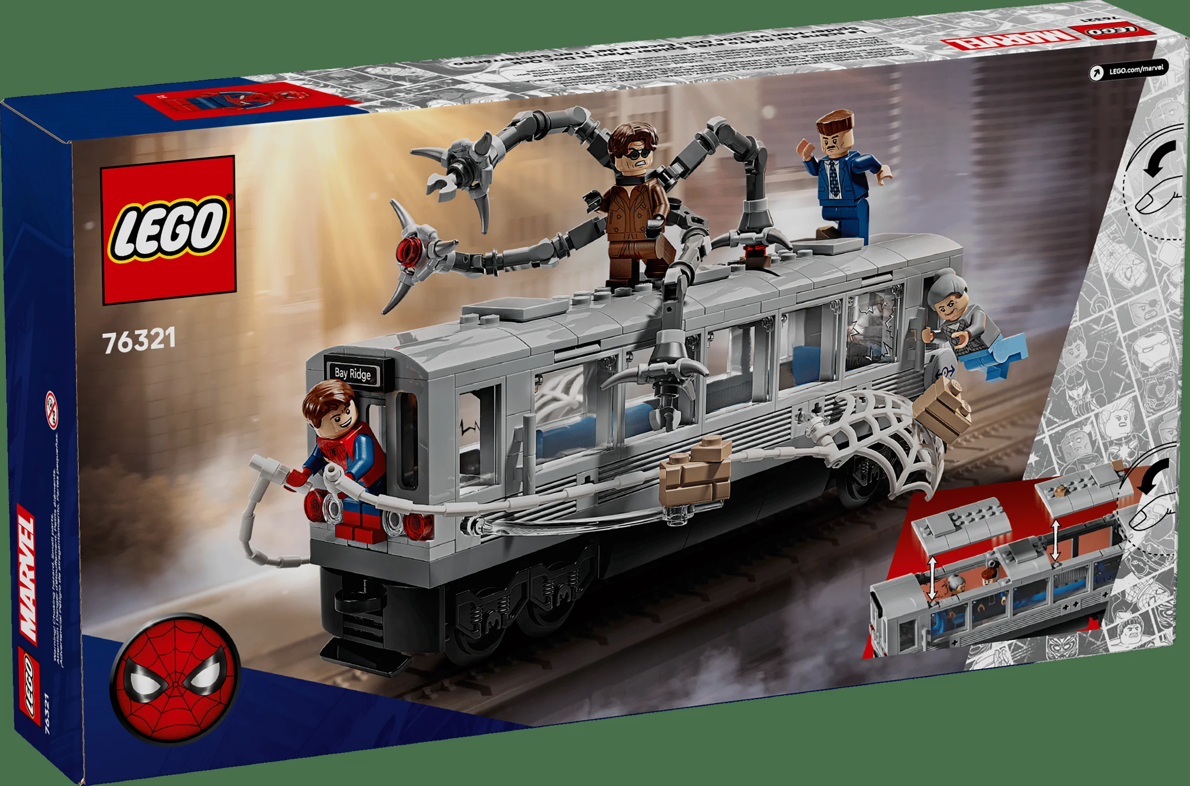 Imagine cu cutia setului LEGO 76321, ce prezintă o scenă cu Spider-Man și Doc Ock într-un tren de metrou.