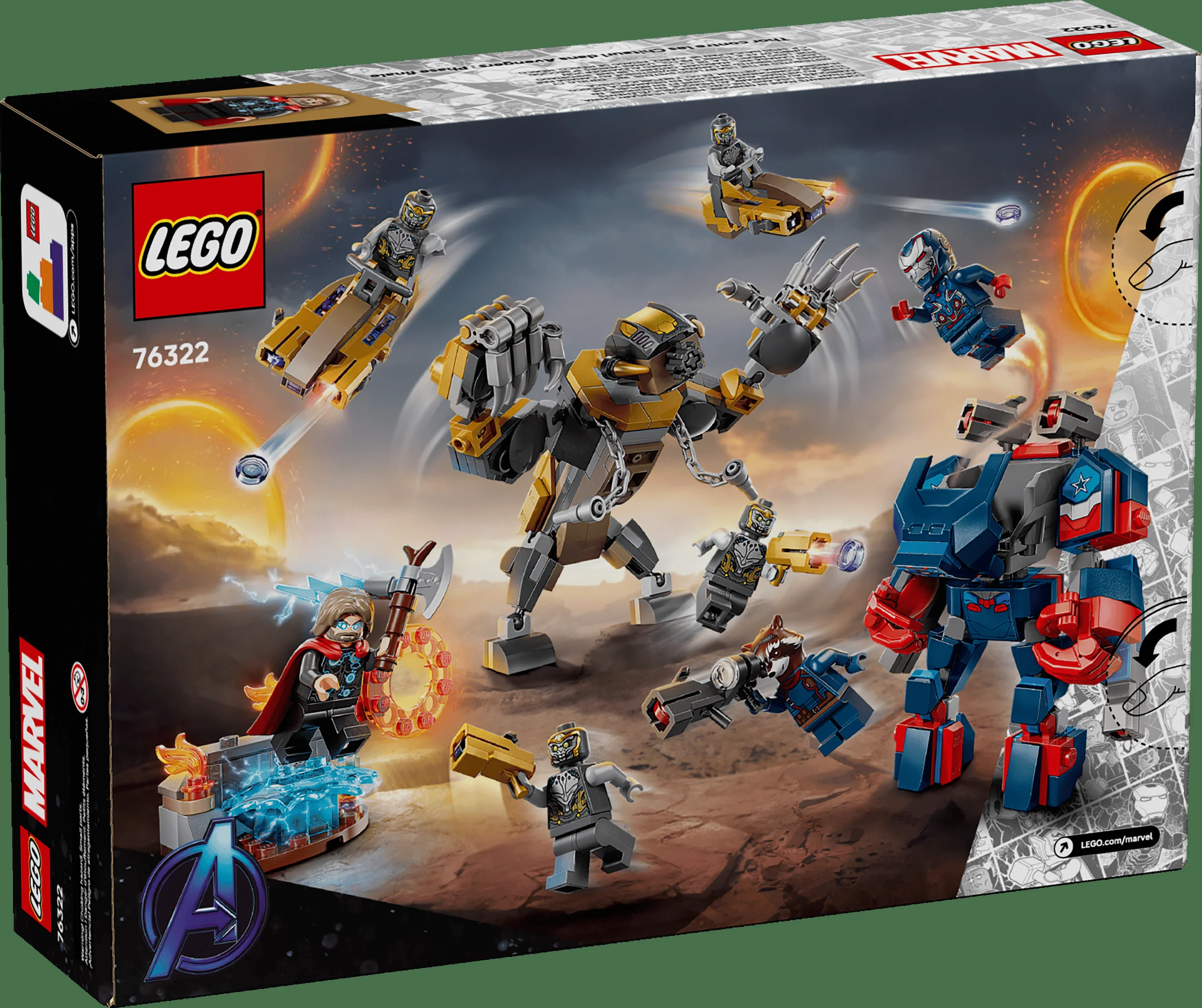 Imaginea prezintă cutia setului LEGO 76322, Thor contra Chitauri, cu minifigurinele și scenele incluse.