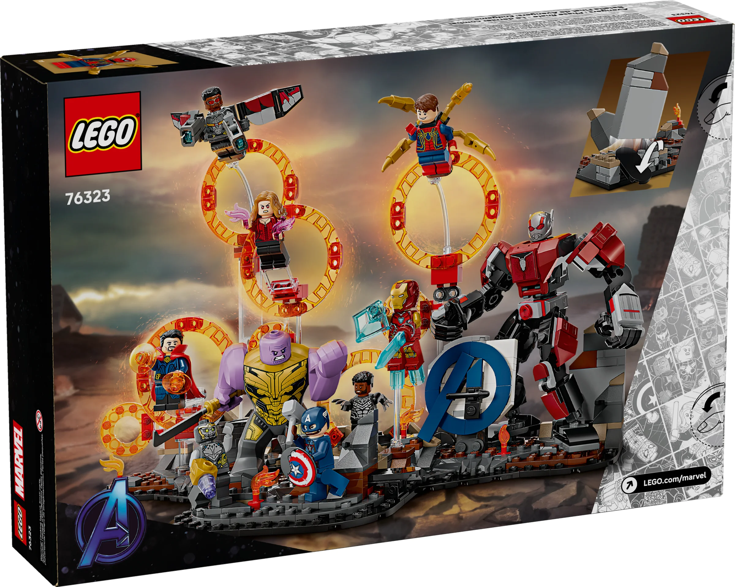 Cutia LEGO 76323 Avengers: Endgame Final Battle prezintă minifigurine și scena bătăliei finale.
