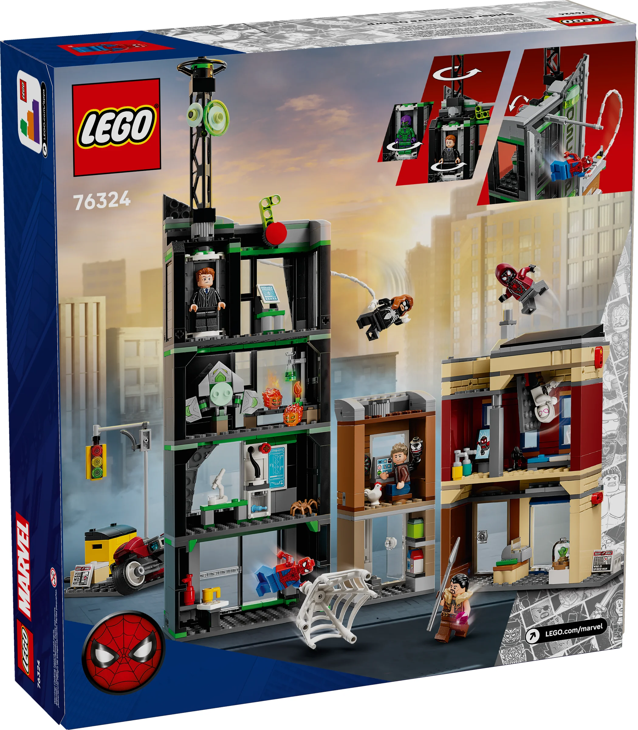 Imagine cu cutia setului LEGO 76324 Spider-Man vs. Oscorp, cu modelul și minifigurinele prezentate.