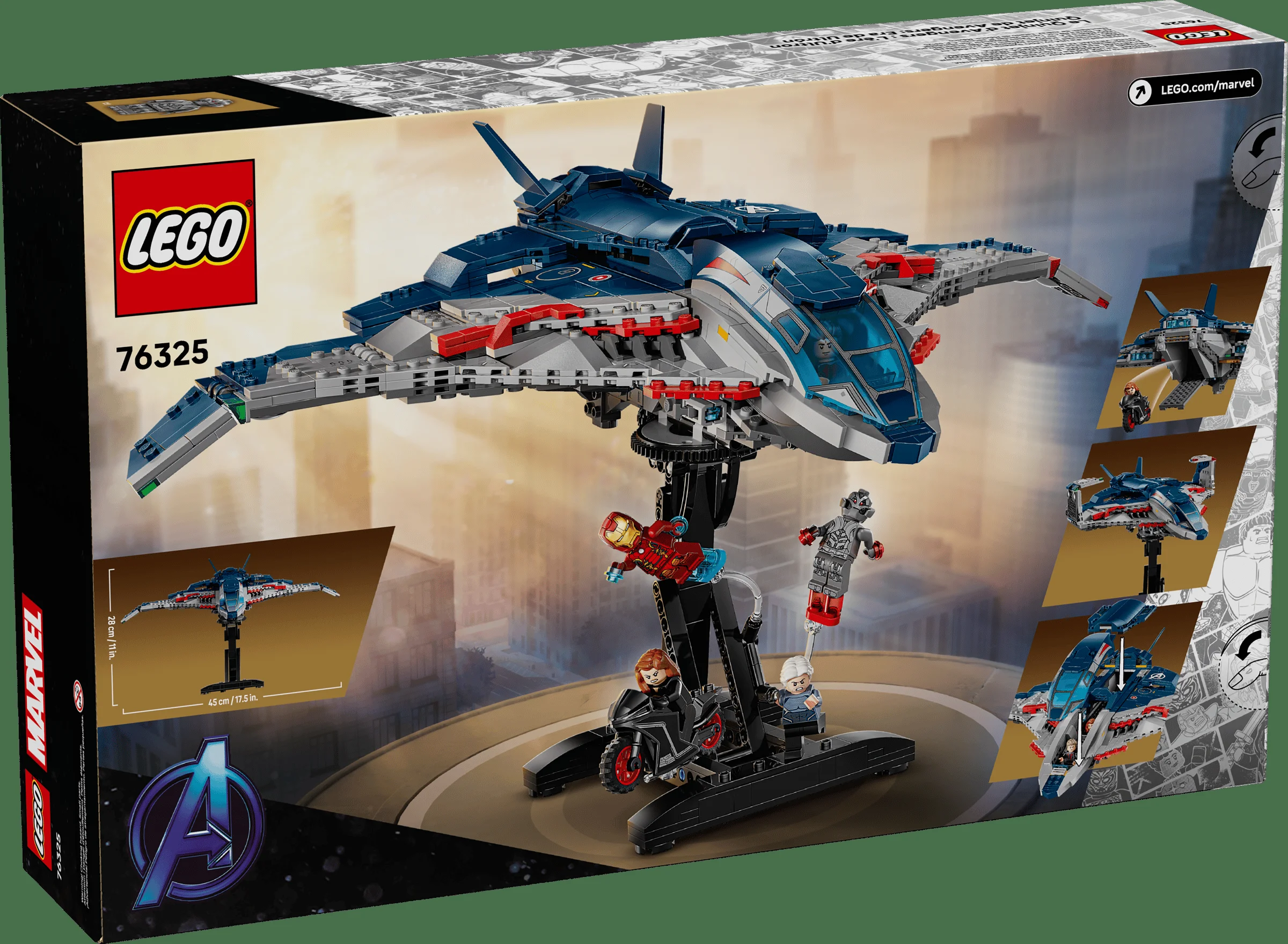 Cutia LEGO 76325 prezintă Quinjet-ul Avengers și minifigurinele, pe un suport, cu detalii despre dimensiuni.