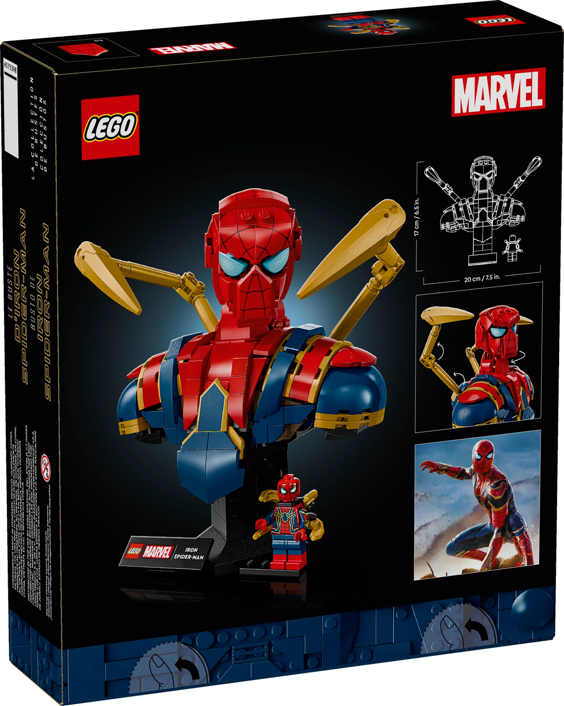 Cutia setului LEGO 76326 BUST IRON SPIDER-MAN, cu modelul și minifigurina afișate.