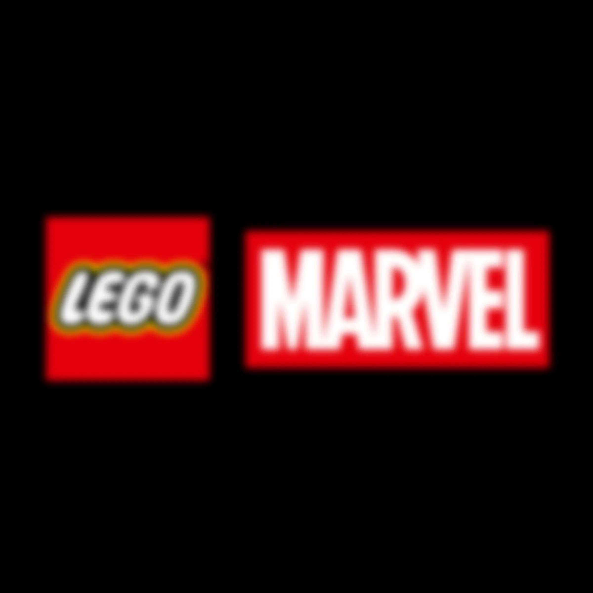 Logourile LEGO și Marvel, vag vizibile. Fundal negru.