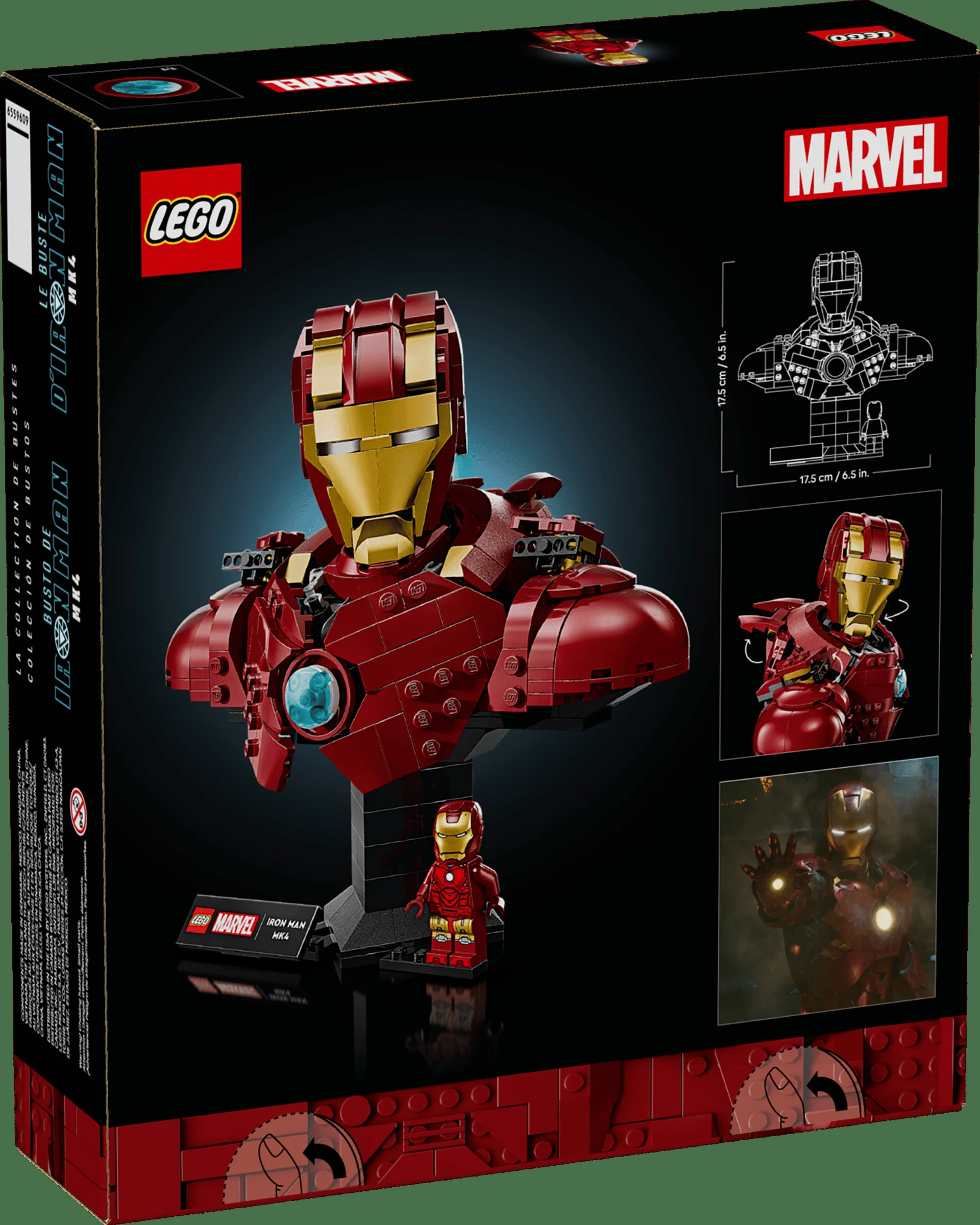 Cutia LEGO Iron Man MK4 Bust prezintă modelul finalizat, minifigurina și detalii tehnice.