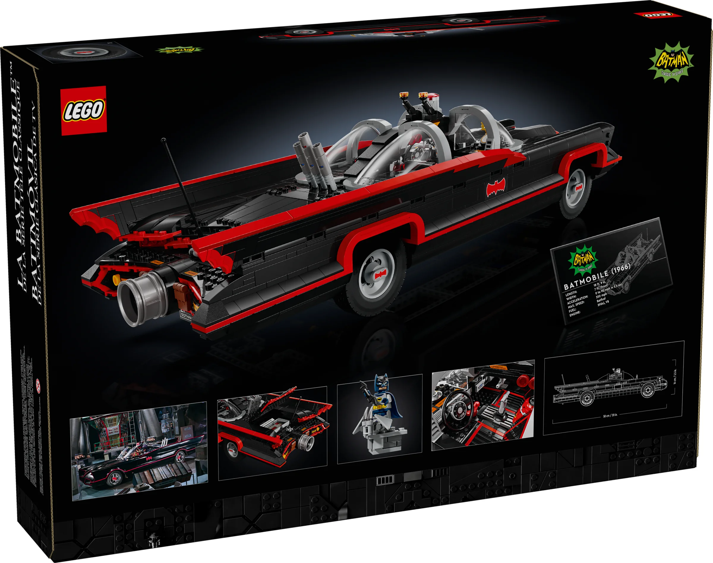 Cutia produsului LEGO 76328, cu Batmobilul și detalii despre set, inclusiv specificații.