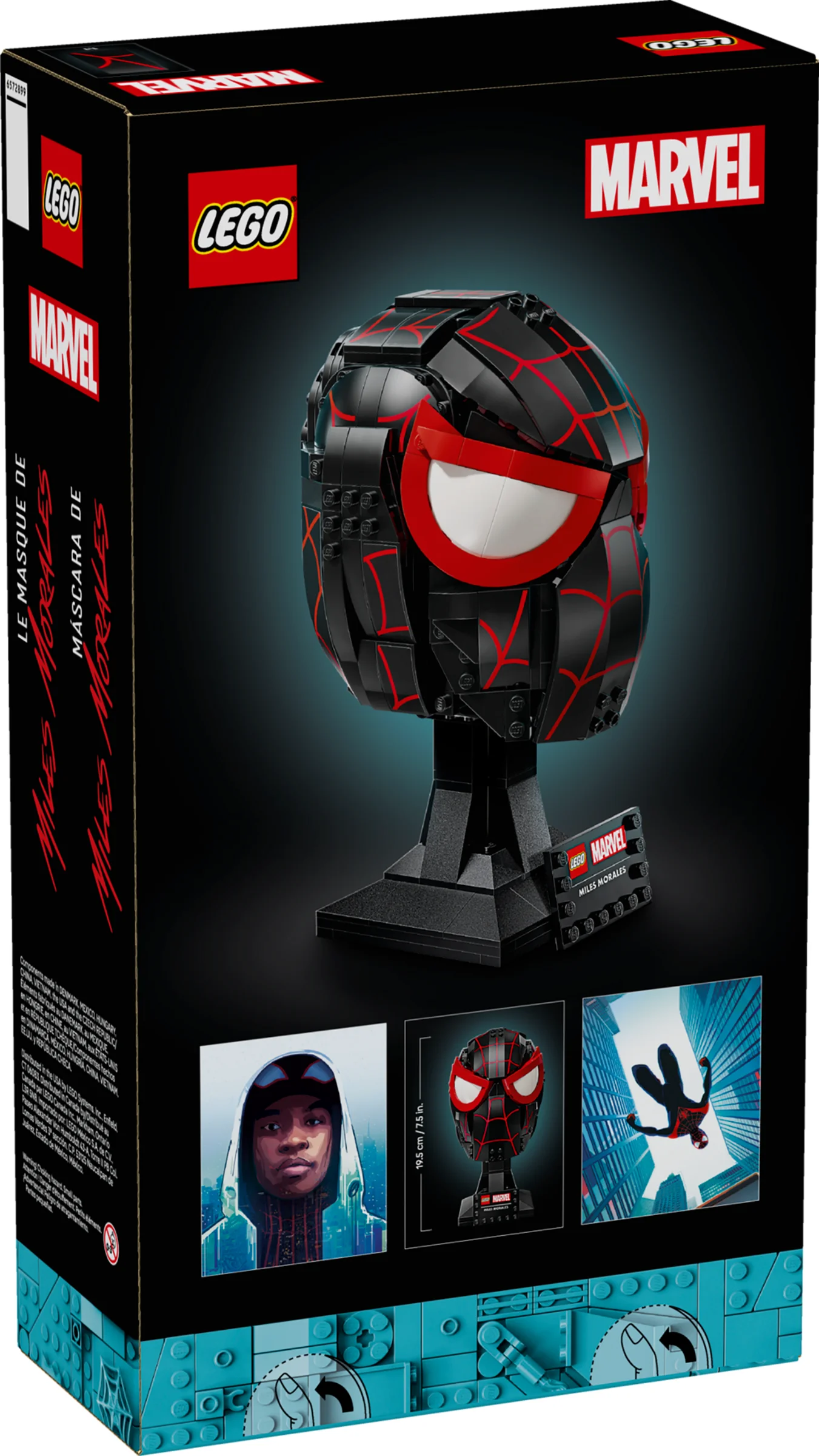 Cutia LEGO 76329 prezintă masca lui Miles Morales, detaliată și viu colorată.