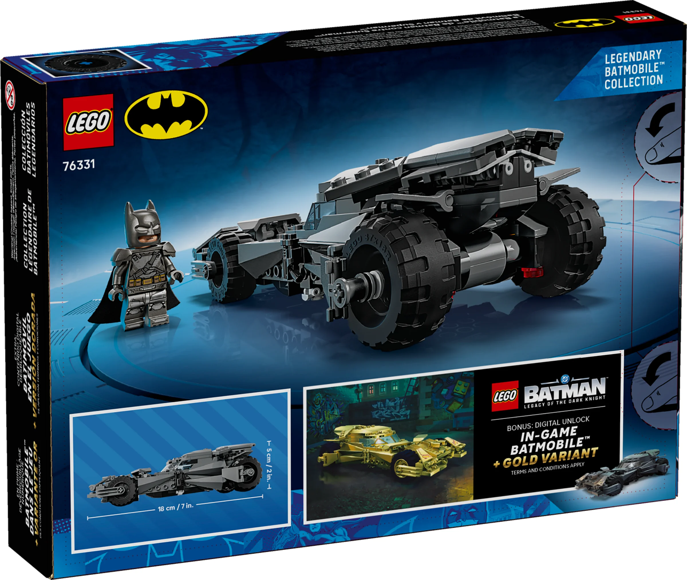Imagine cu spatele cutiei LEGO 76331, ce prezintă Batmobilul și minifigurina Batman.