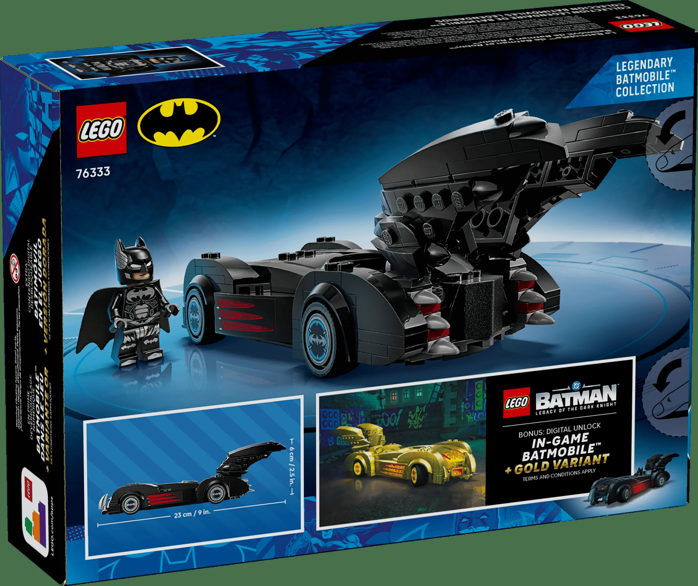 Spatele cutiei LEGO 76333 Batman & Robin Batmobile, prezentând modelul și minifigurina Batman.