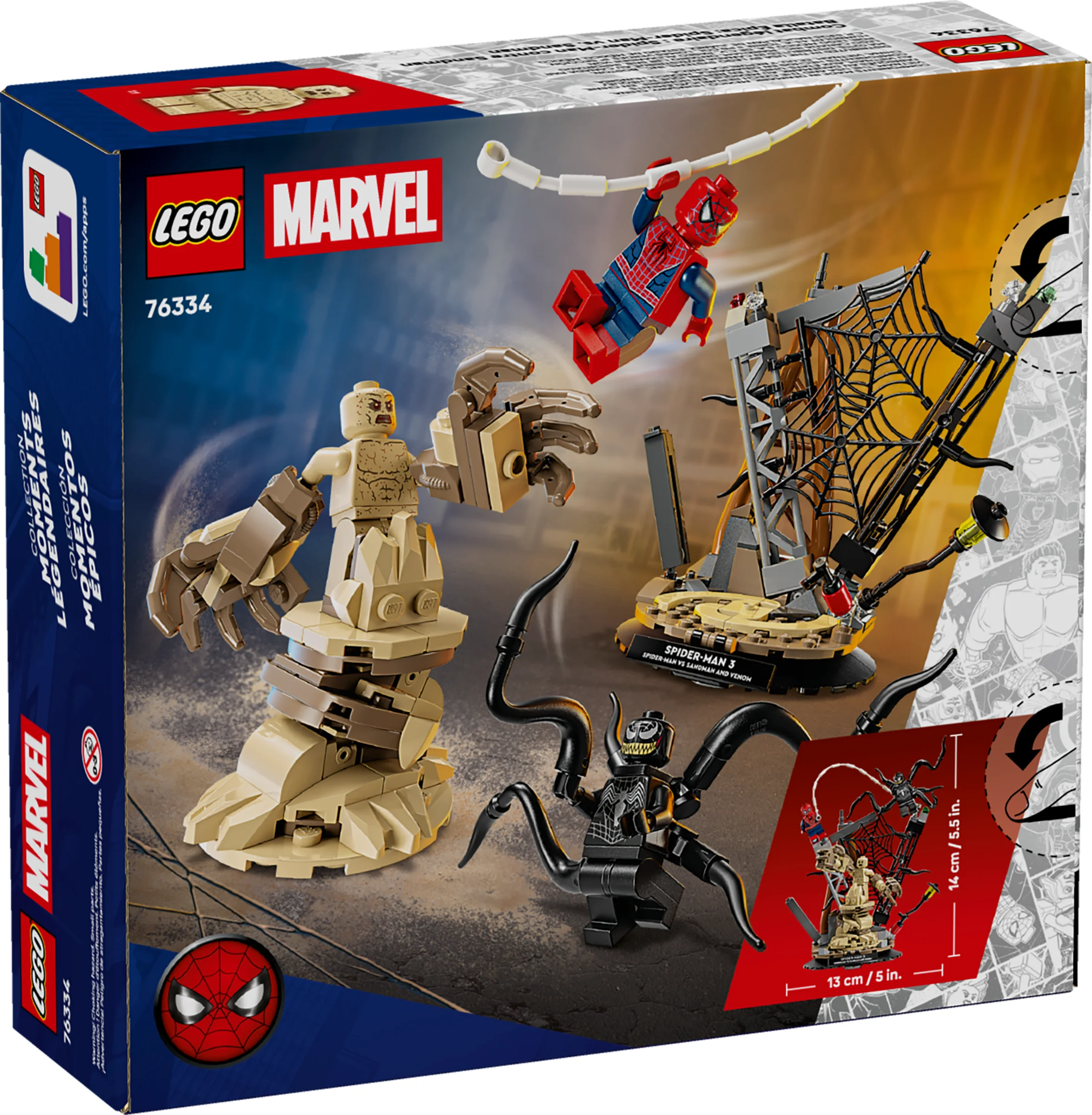 Cutia LEGO 76334 prezintă o bătălie epică între Spider-Man, Sandman și Venom. O scenă din Spider-Man 3.