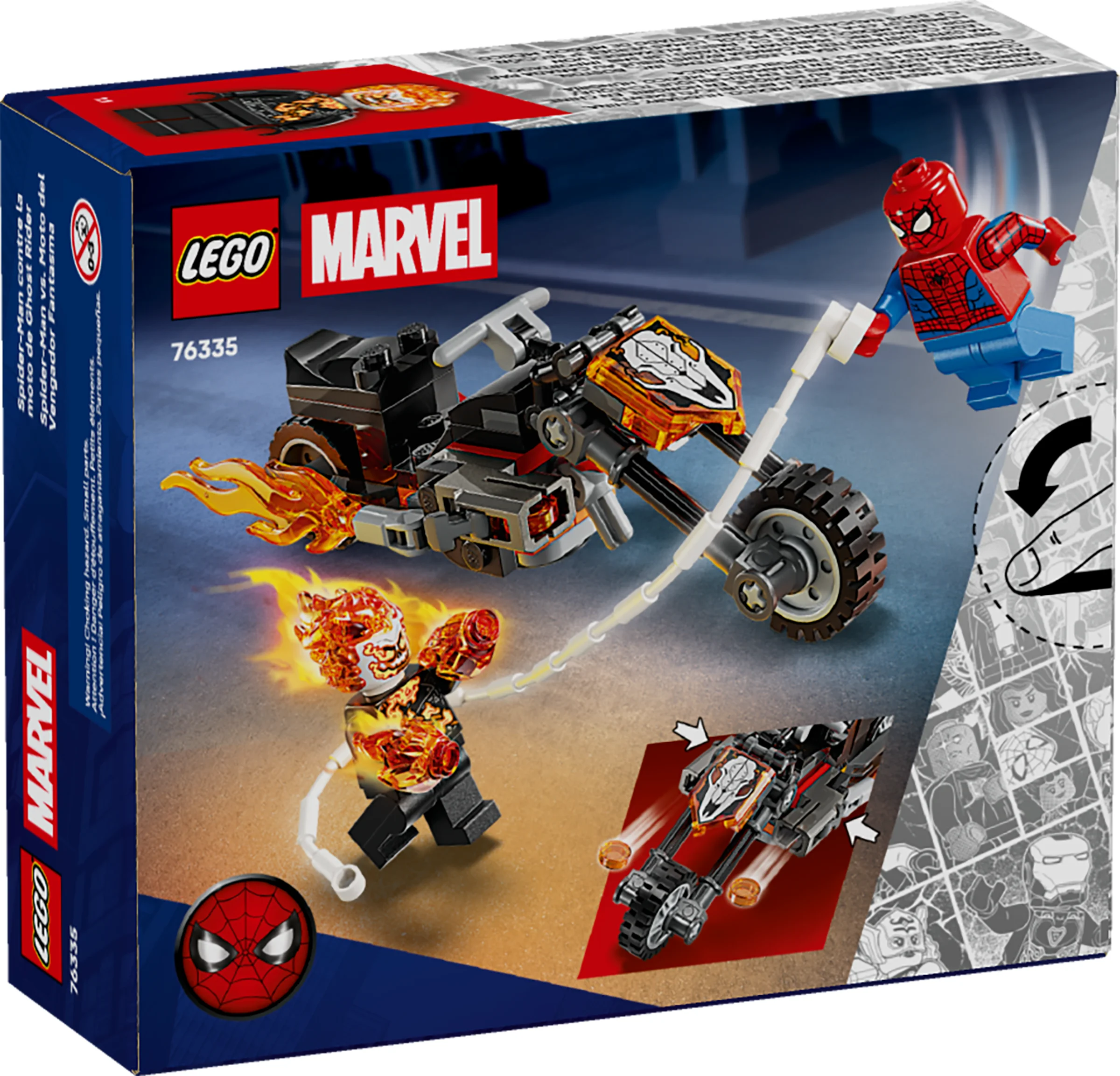 Imagine cu cutia LEGO Marvel 76335, Spider-Man contra Ghost Rider. 