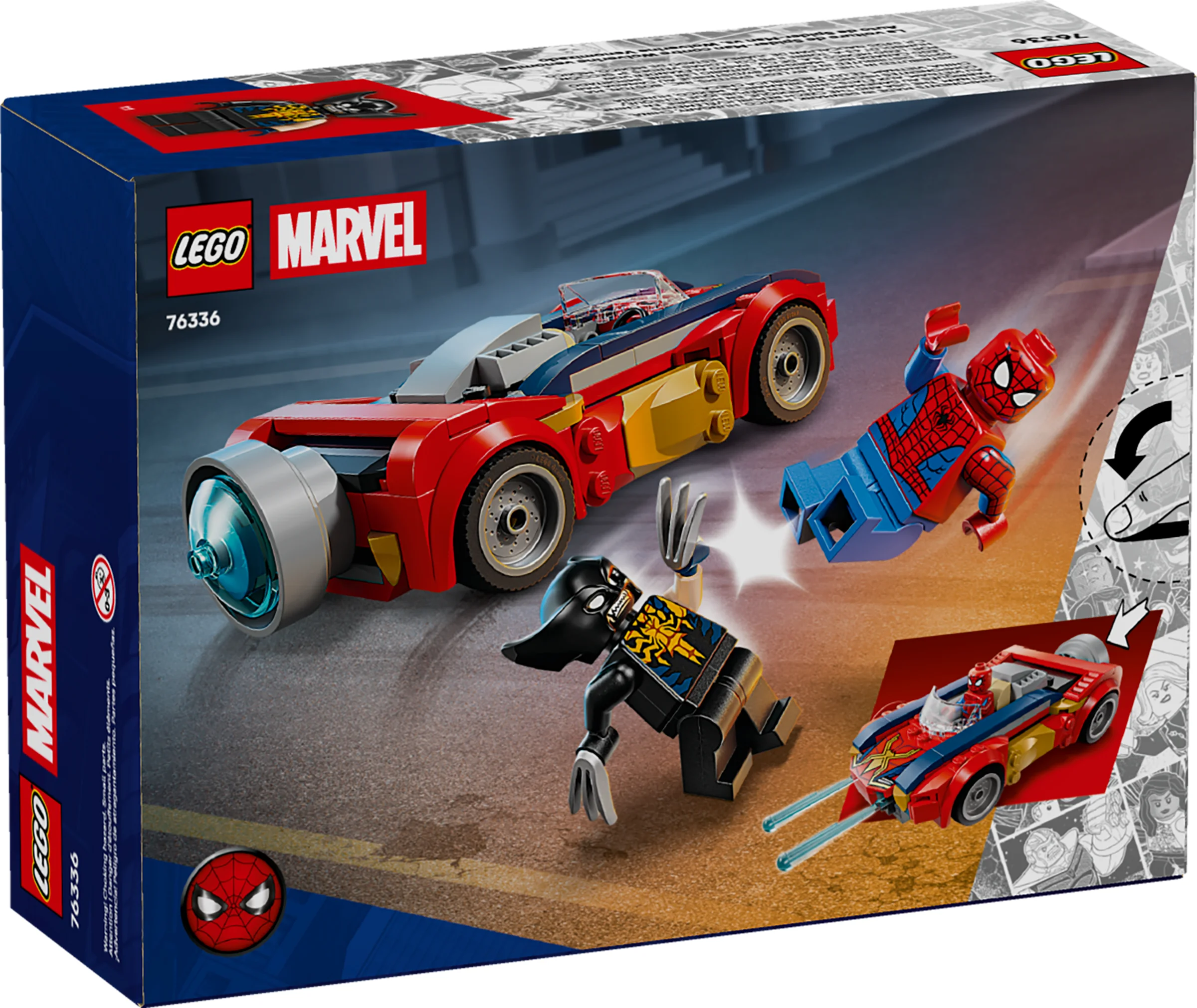 Cutia LEGO 76336 prezintă o scenă cu mașina Spider-Man, Wolverine Venomizat și minifigurina Spider-Man.