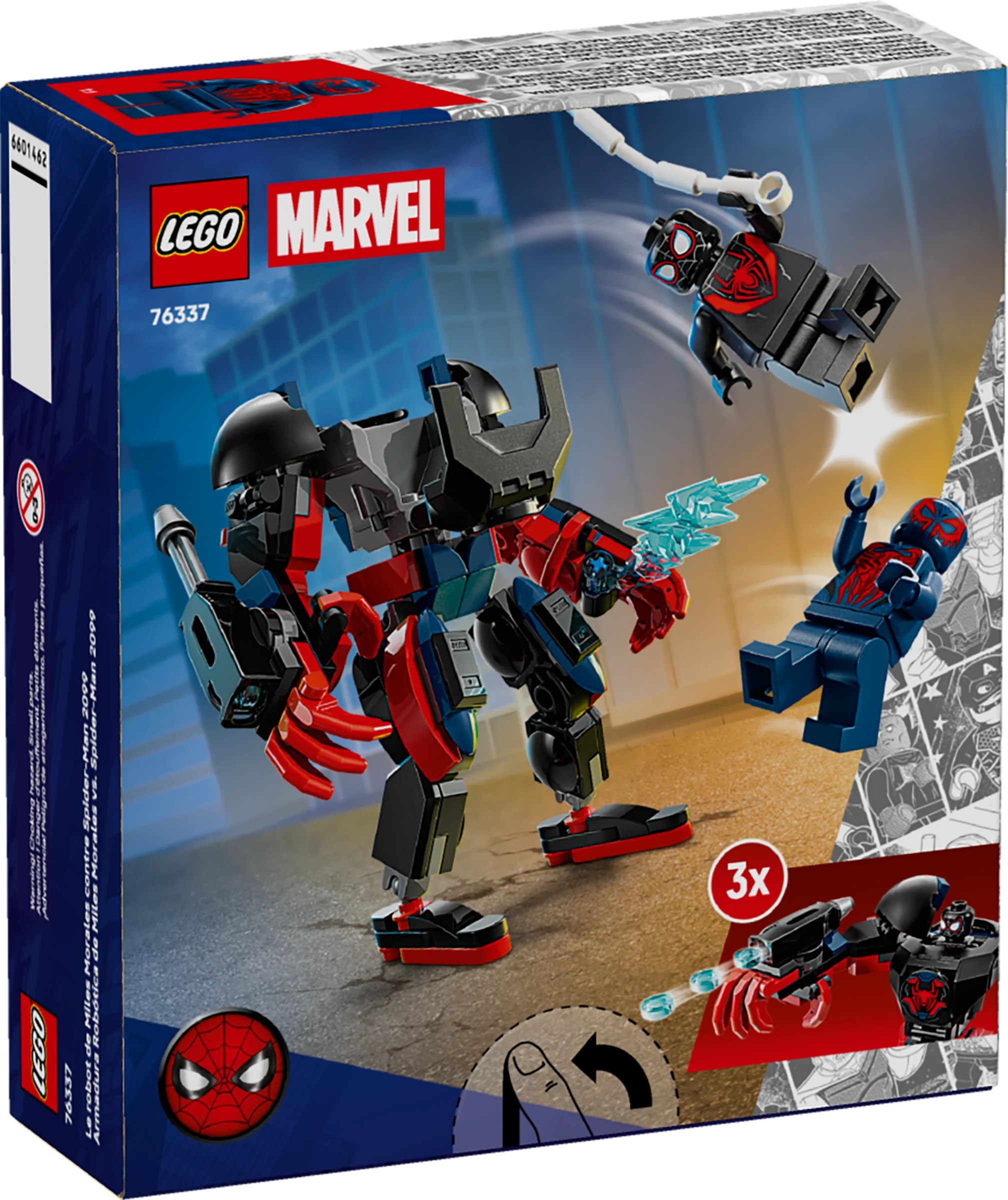 Cutia LEGO Marvel 76337 prezintă robotul Miles Morales contra Spider-Man 2099, cu minifigurinele și funcțiile de joc.
