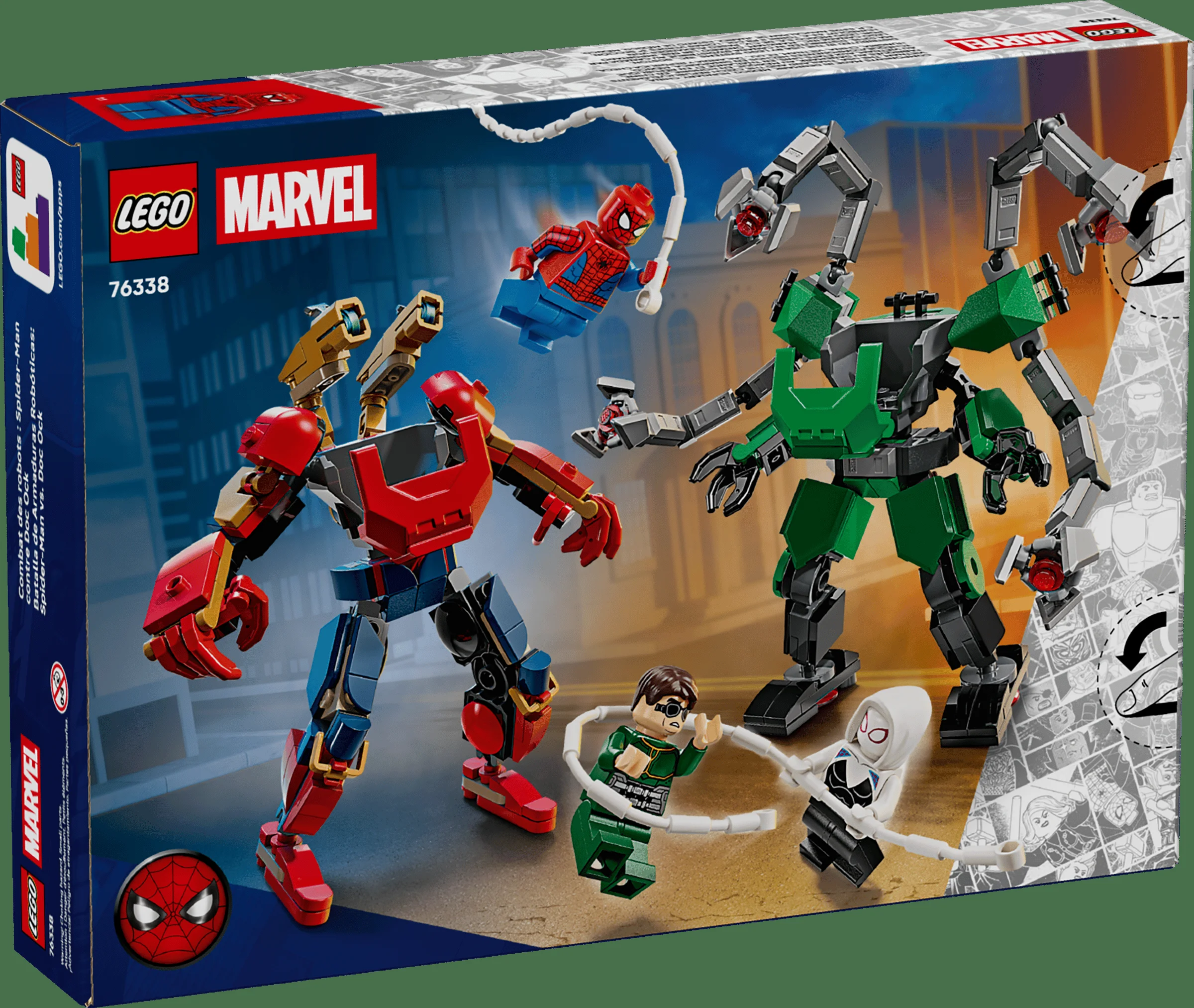 Cutia setului LEGO 76338, Bătălie de roboți: Spider-Man contra Doc Ock, cu minifigurine și roboți.
