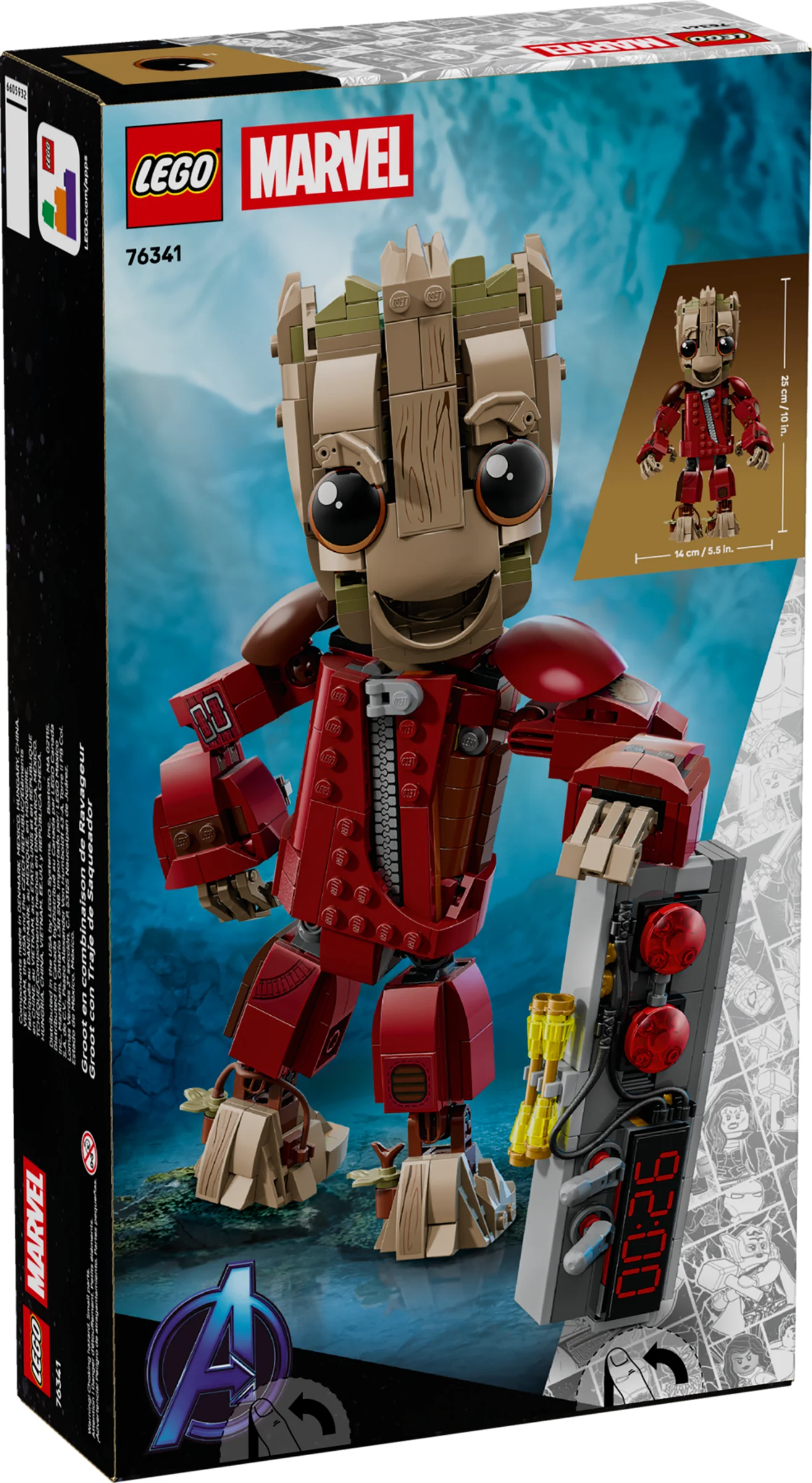 Cutia LEGO 76341 cu Groot în costum Ravager, prezentând modelul finalizat. Aspect detaliat și captivant.