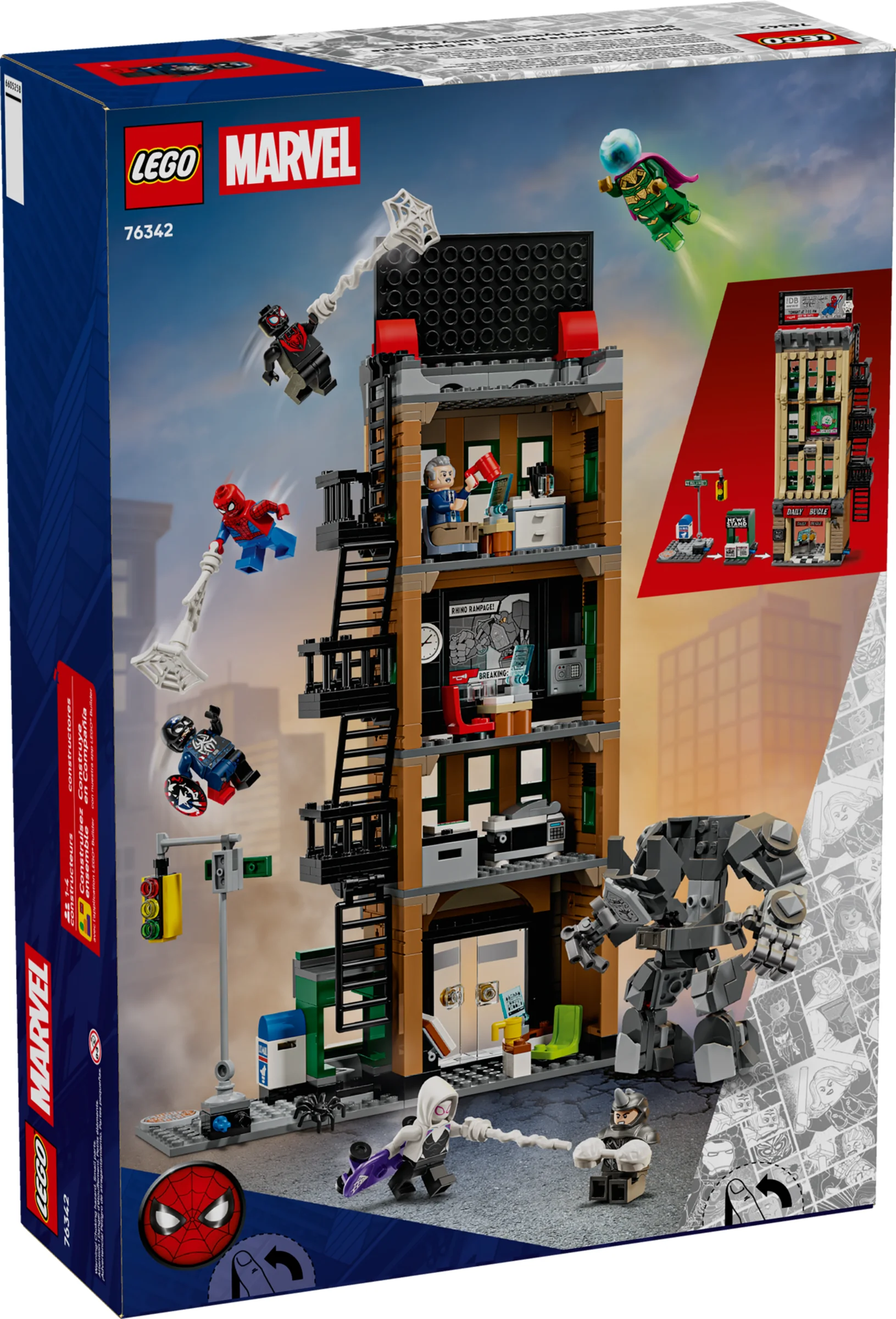 Imaginea cutiei LEGO Marvel 76342, cu Daily Bugle și minifigurinele Spider-Man.