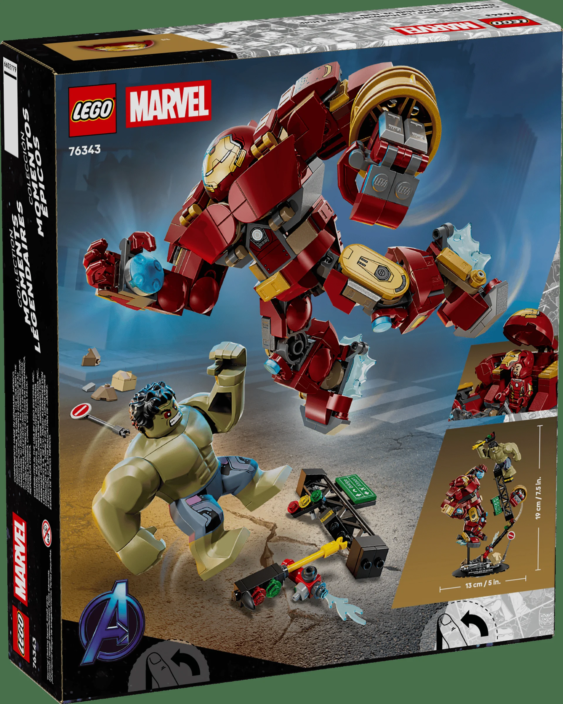 Cutia LEGO 76343 prezintă bătălia epică dintre Hulkbuster și Hulk, cu detalii și logo-uri Marvel.