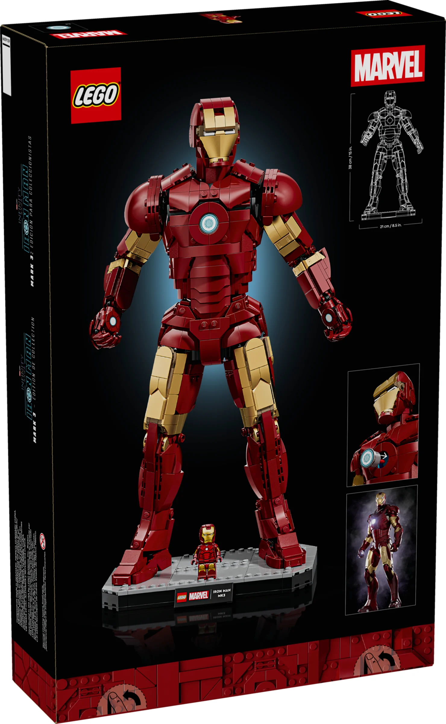Cutia LEGO Iron Man Mark 3. Imaginea prezintă modelul asamblat și minifigurina inclusă.