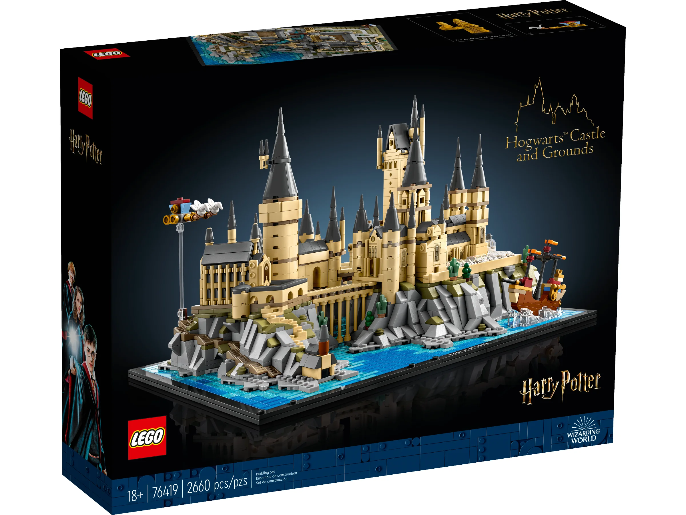 Cutia LEGO 76419 Hogwarts Castle and Grounds, cu modelul complet al castelului Hogwarts.