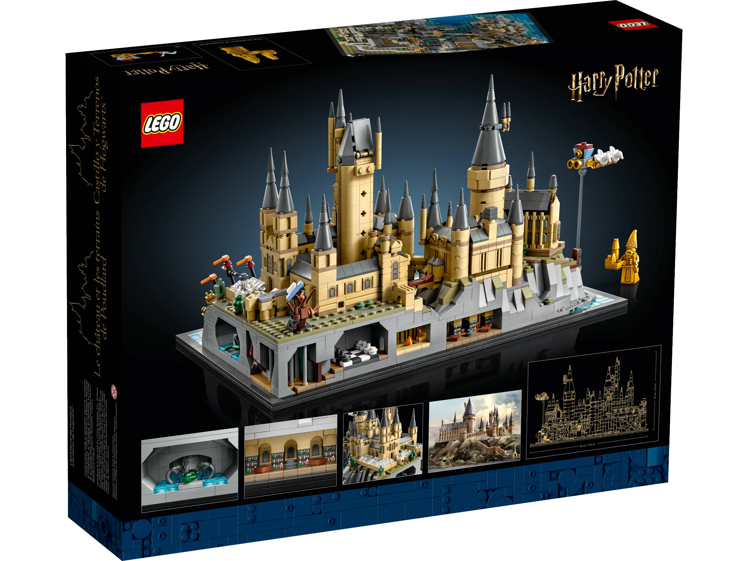 Cutia LEGO Hogwarts Castle and Grounds, prezentând modelul detaliat. Detalii despre castel și terenuri.