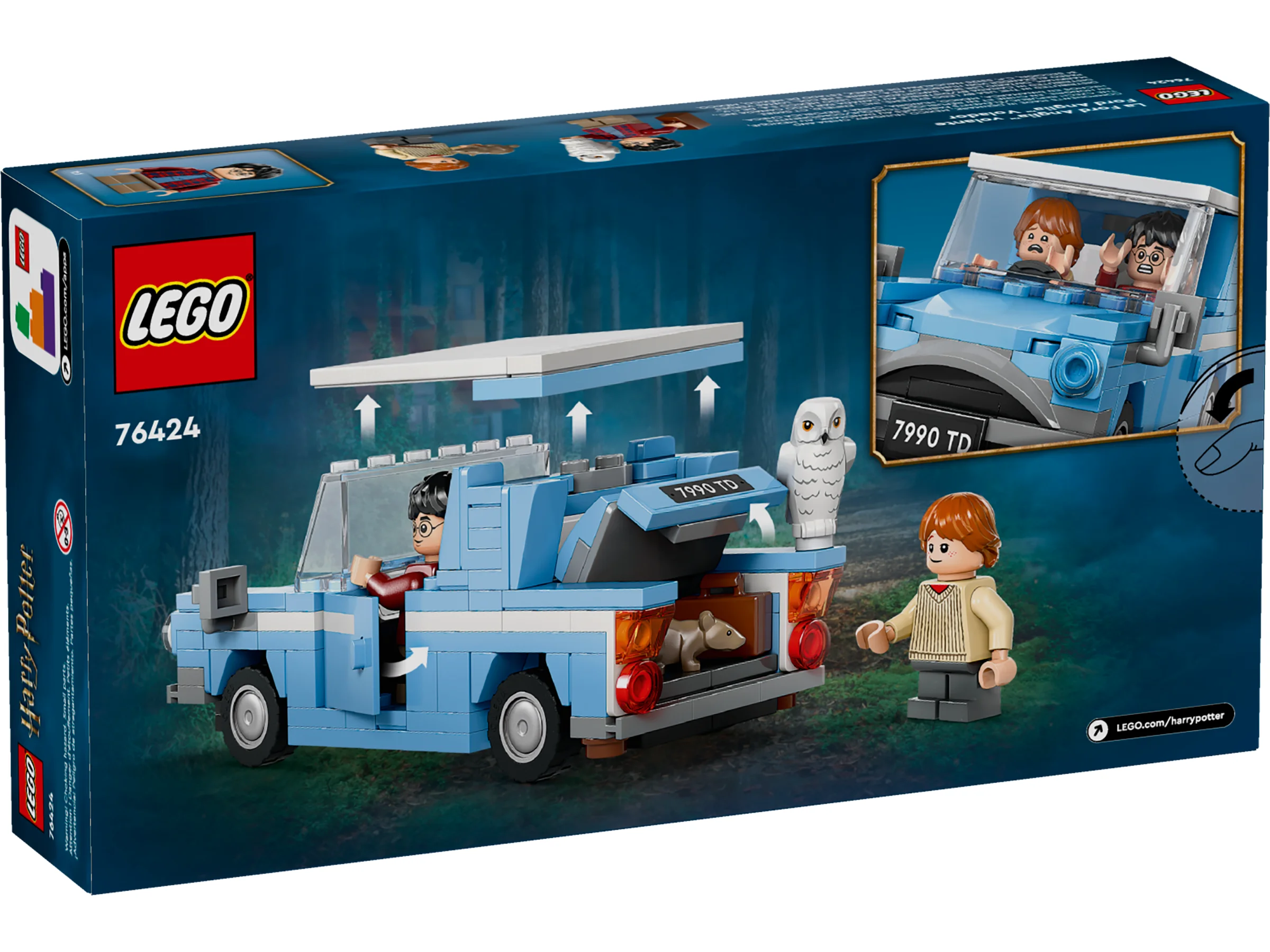 Imagine de pe cutia setului LEGO 76424, Ford Anglia zburătoare, cu minifigurine și funcții prezentate.