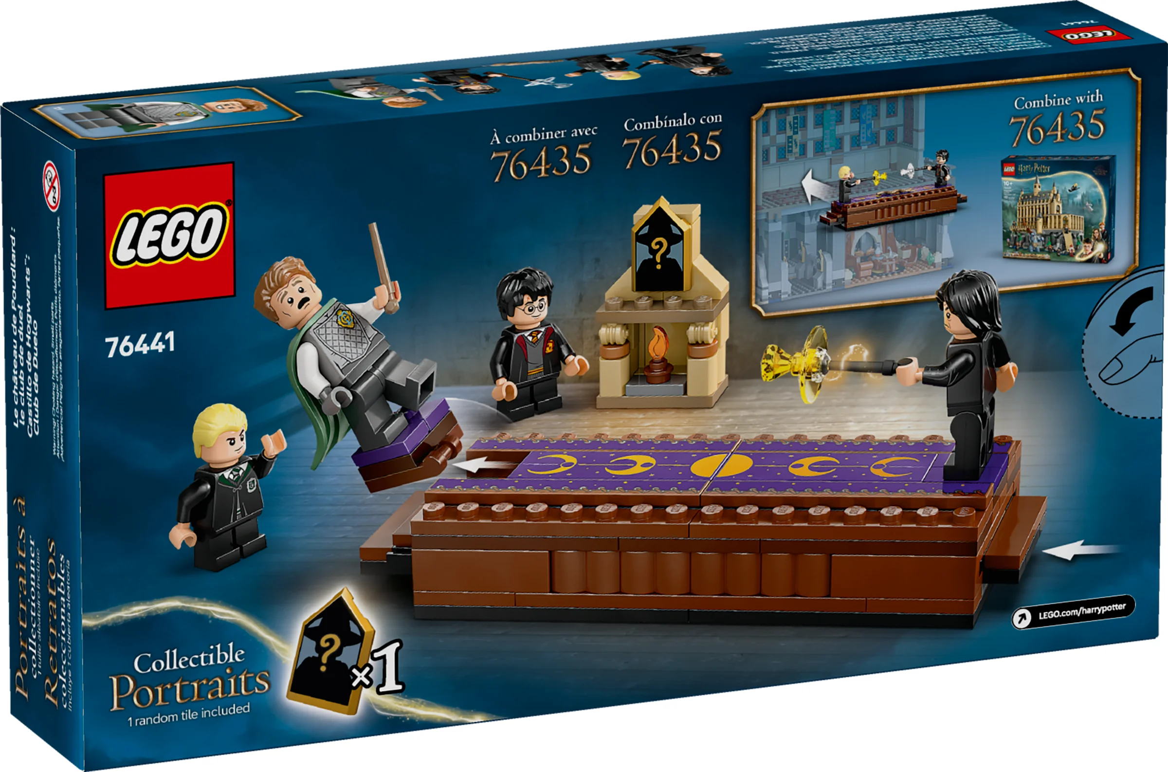 Cutia LEGO 76441 cu minifigurine, platformă de duel și accesorii, arată opțiunea de combinare cu setul 76435.