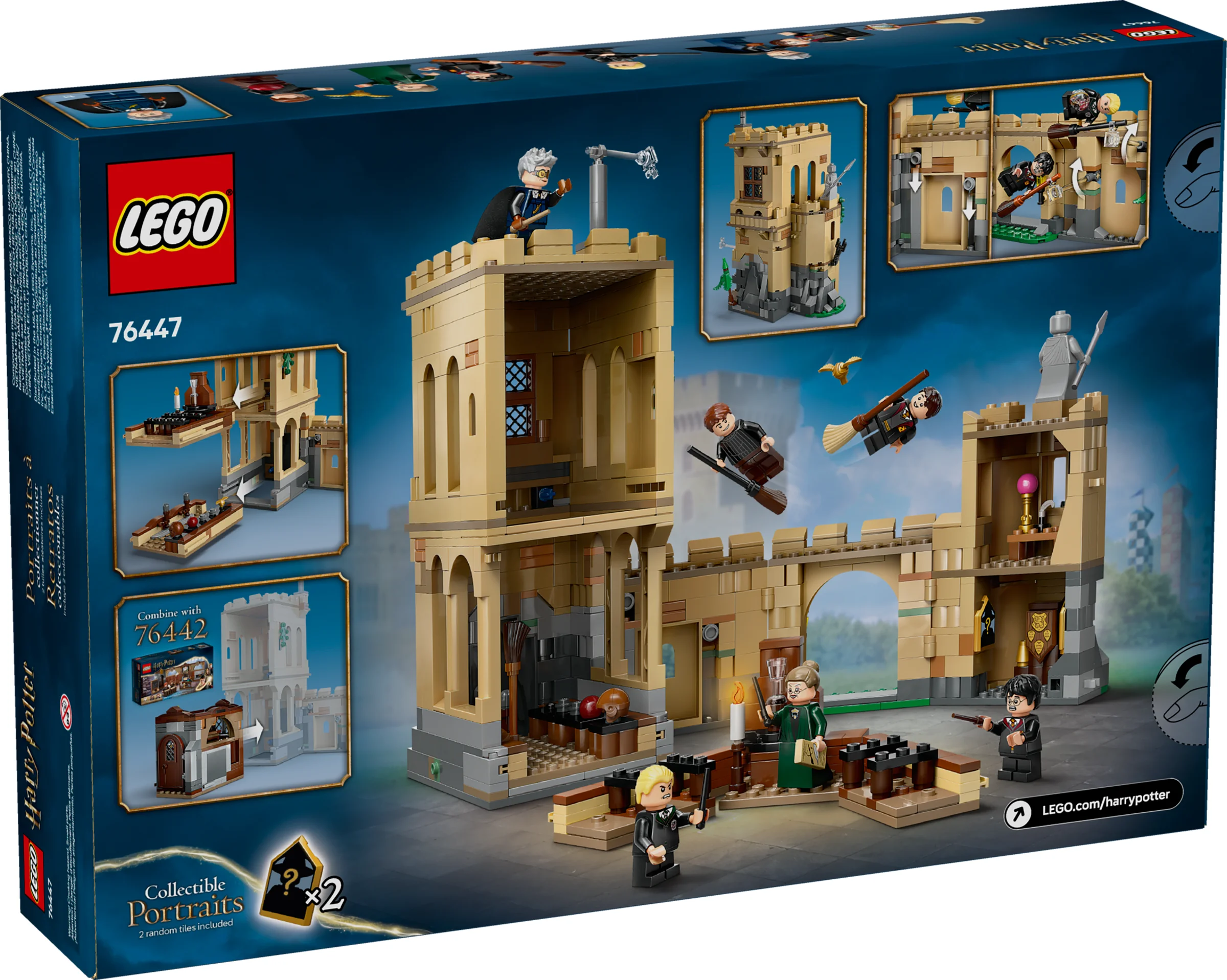 Spatele cutiei setului LEGO 76447, cu elemente și minifigurine prezentate. Include instrucțiuni de combinare cu 76442.