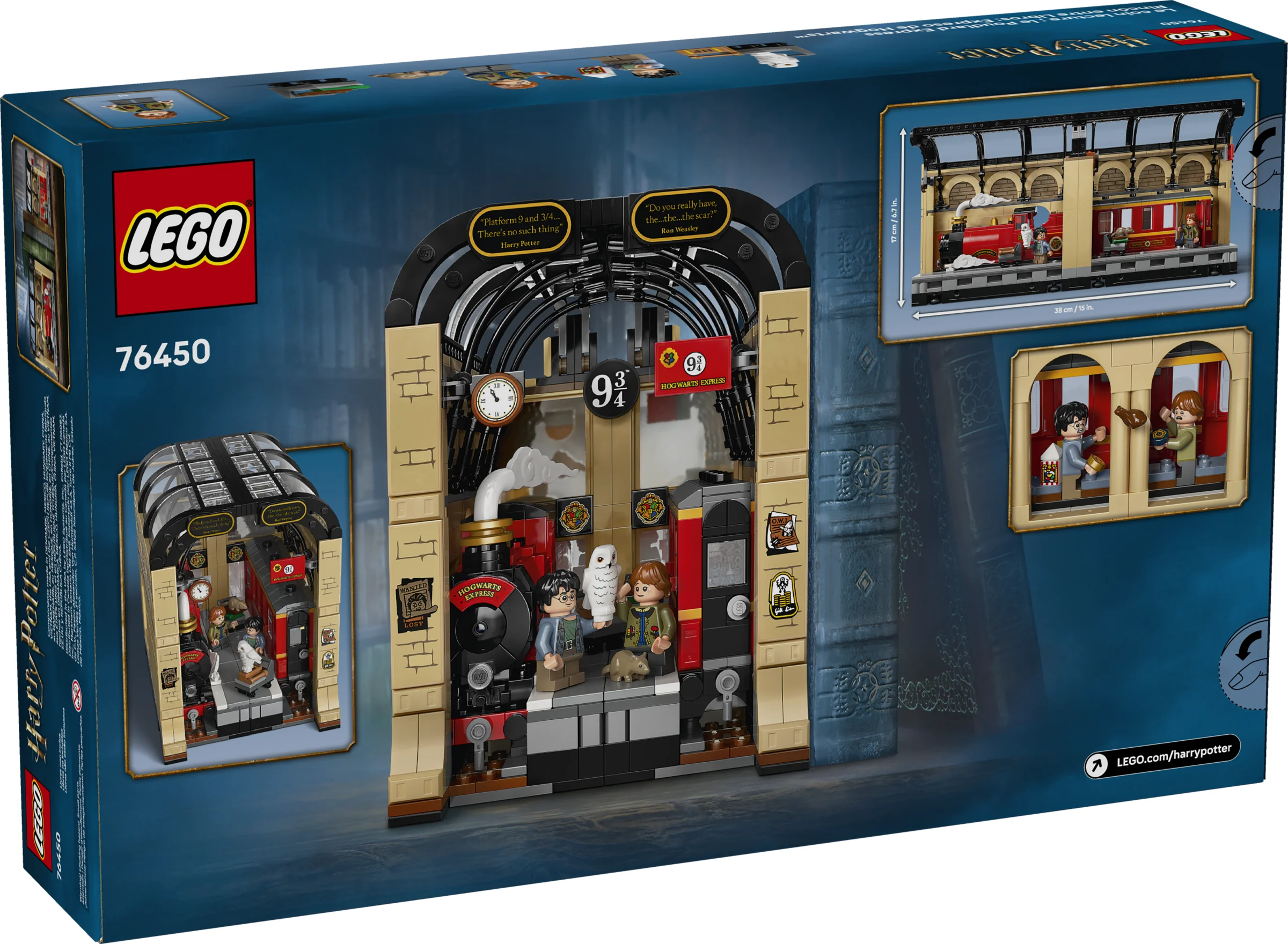 Imagine cu spatele cutiei setului LEGO 76450, cu modelul Hogwarts Express și minifigurine.