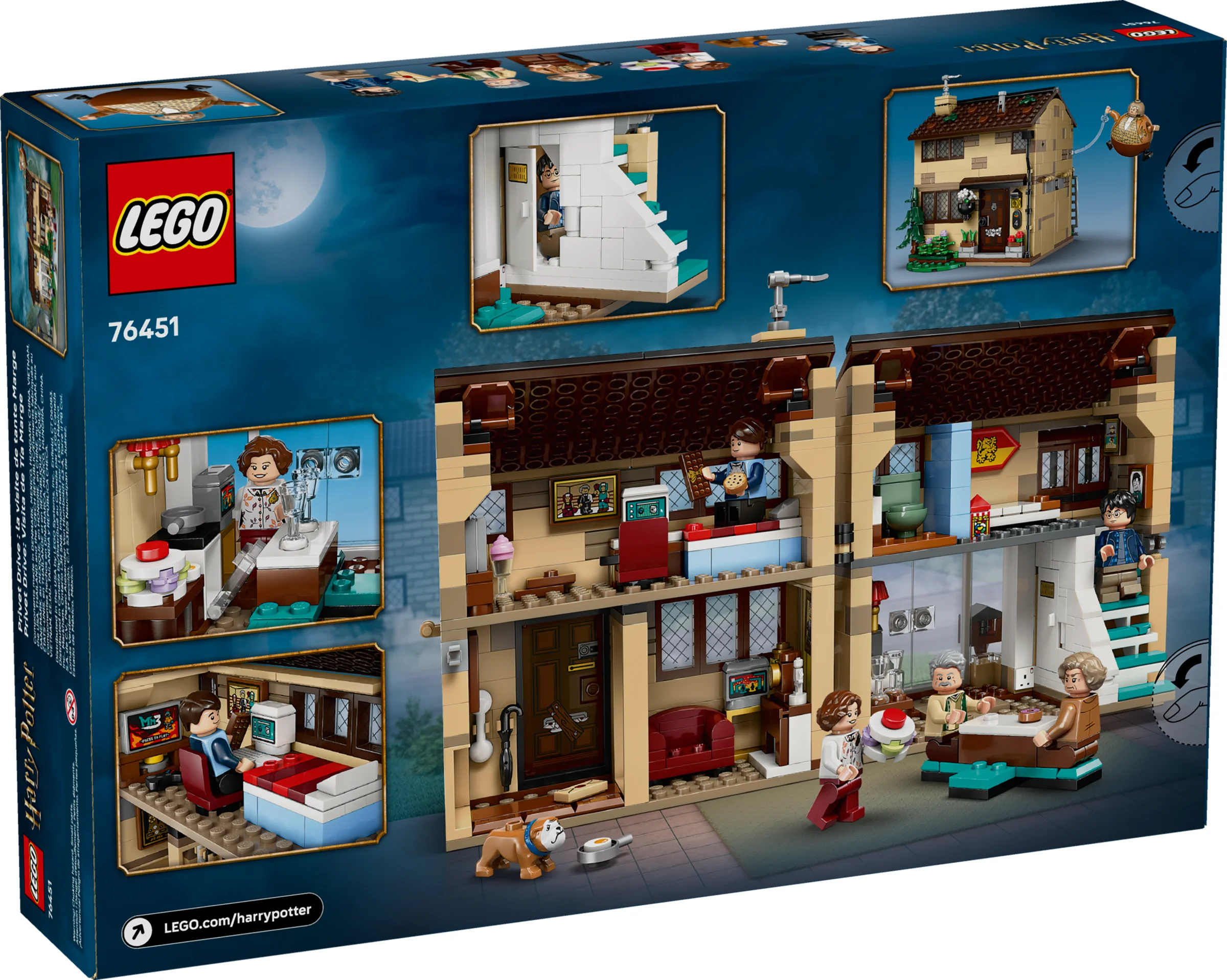 Cutia LEGO 76451 prezintă secțiuni detaliate din casa Dursley, incluzând minifigurine și elemente interactive.