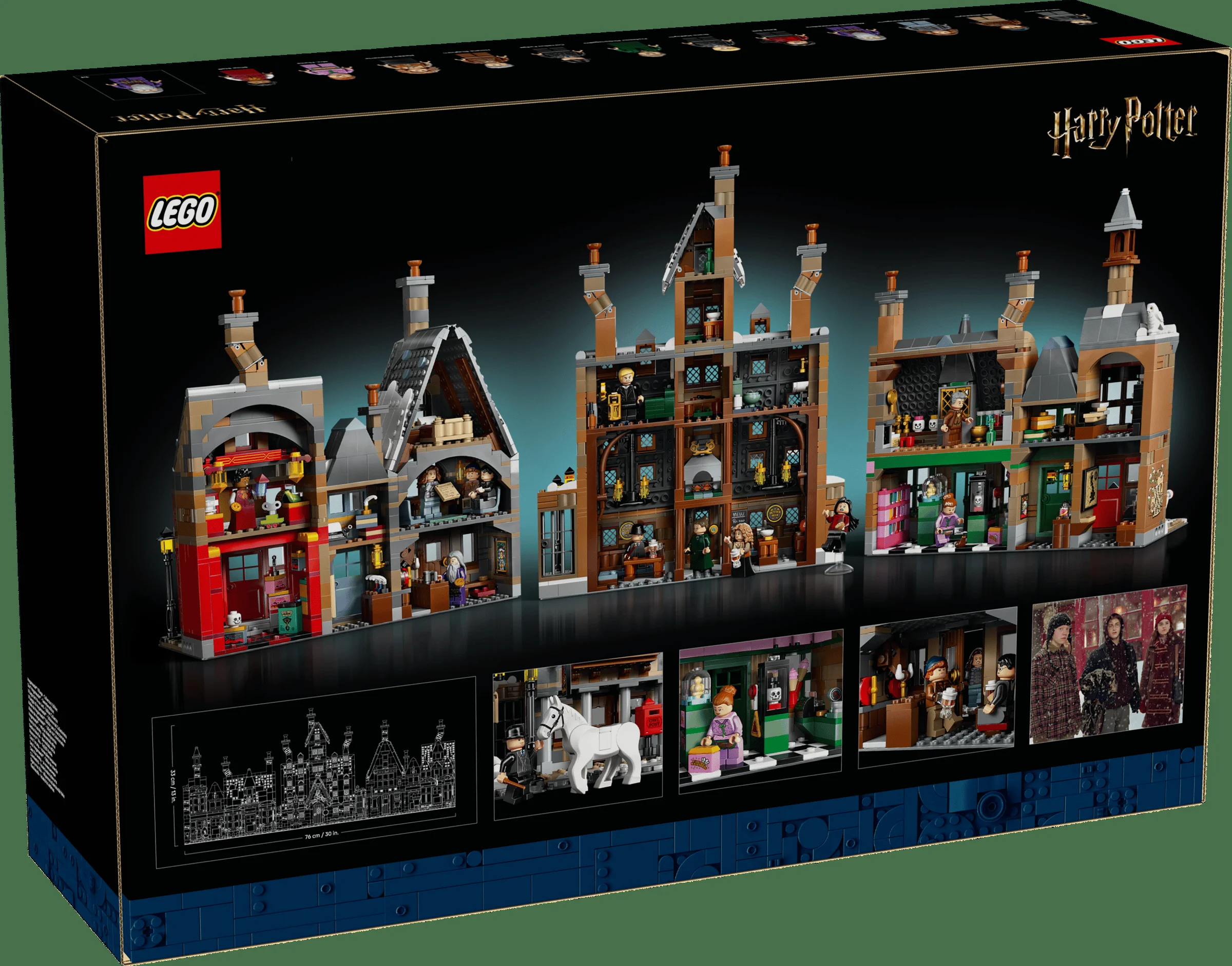 Spatele cutiei LEGO 76457 cu modelul Hogsmeade detaliat și dimensiuni.