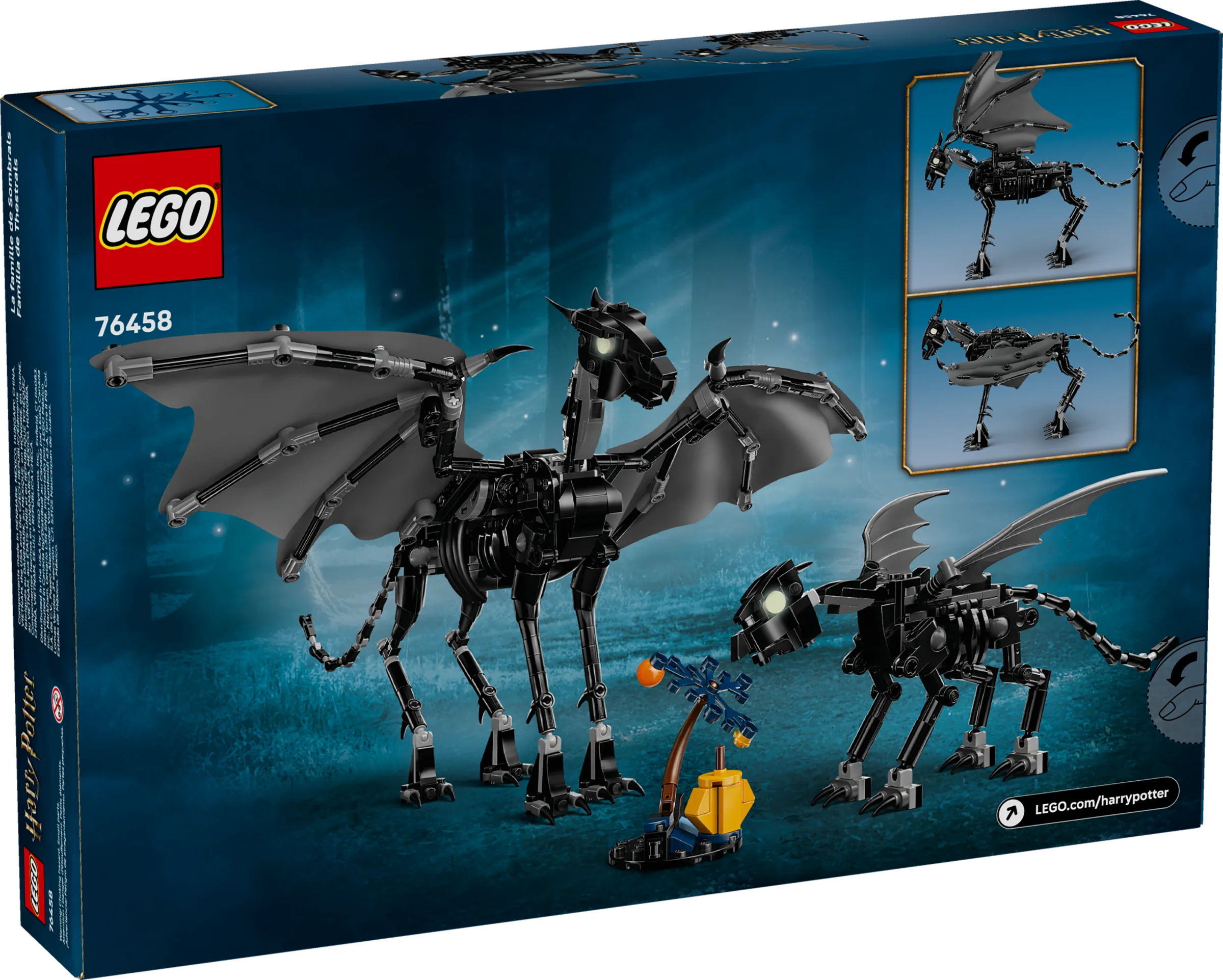 Cutia LEGO 76458 prezintă familia Thestral, creaturi magice din Harry Potter.