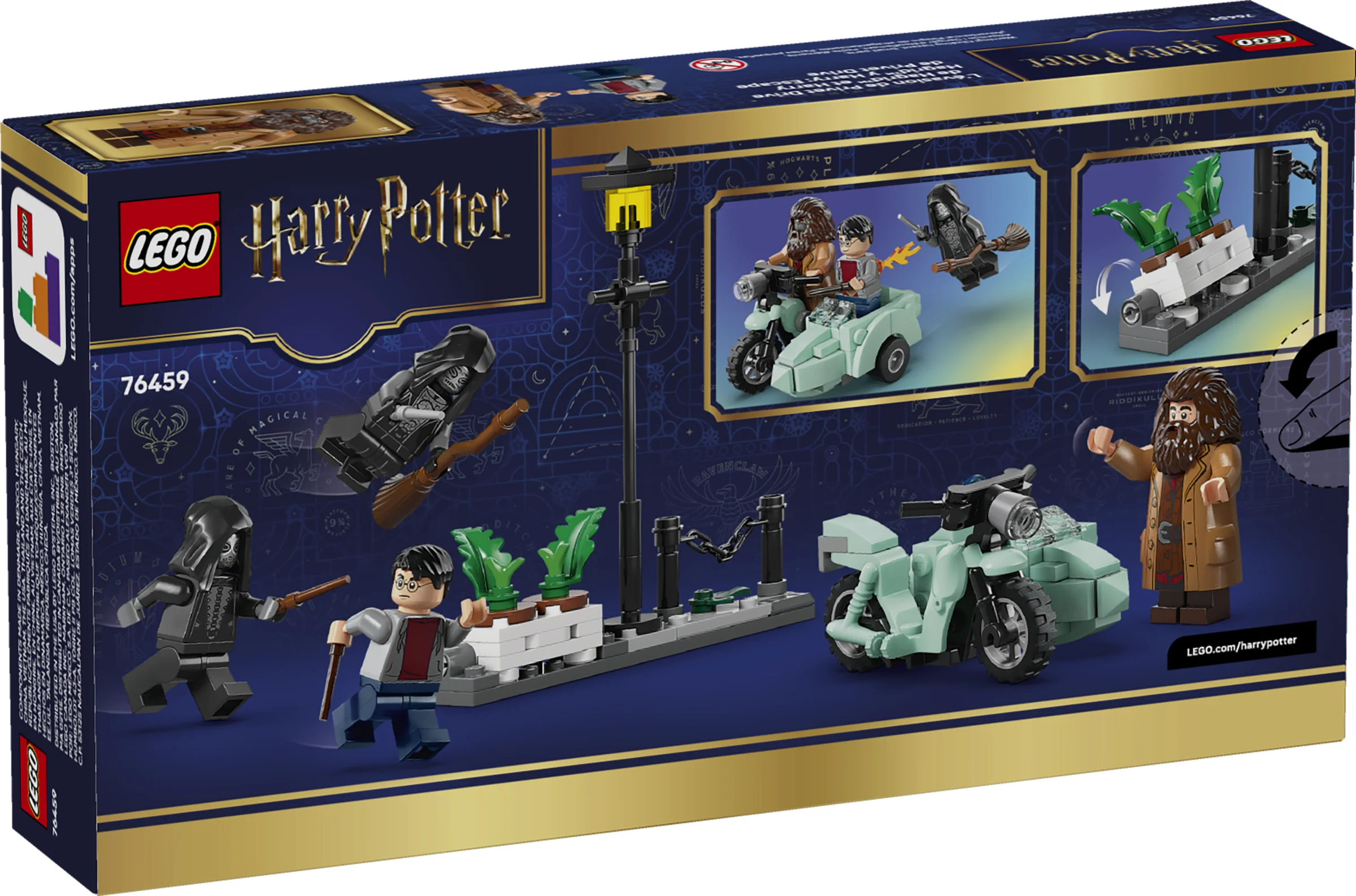Spatele cutiei LEGO 76459, cu minifigurine și detalii despre setul „Evadarea de la Privet Drive”.