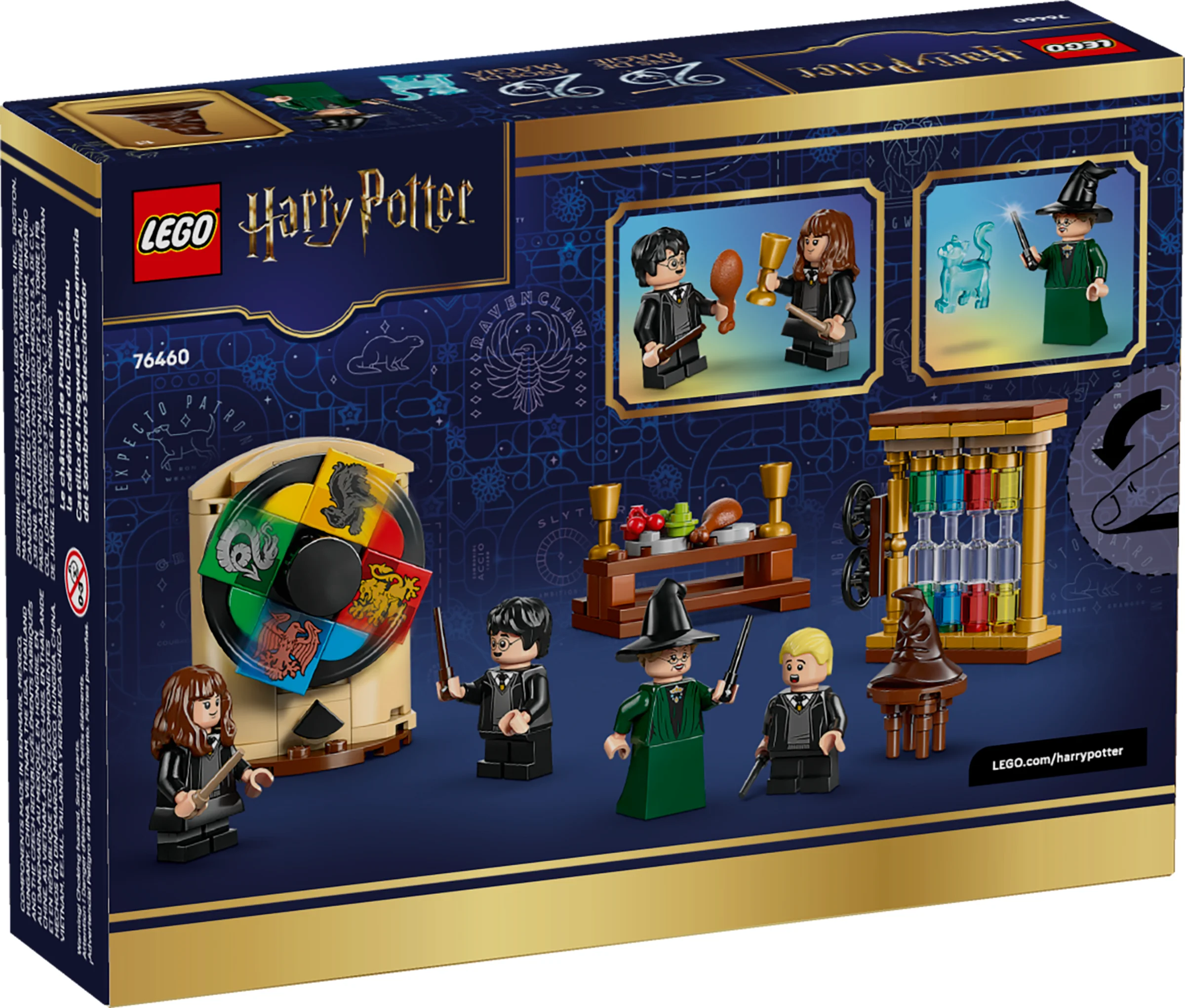 Imagine cu spatele cutiei setului LEGO 76460, cu minifigurine și detalii ale modelului Hogwarts.