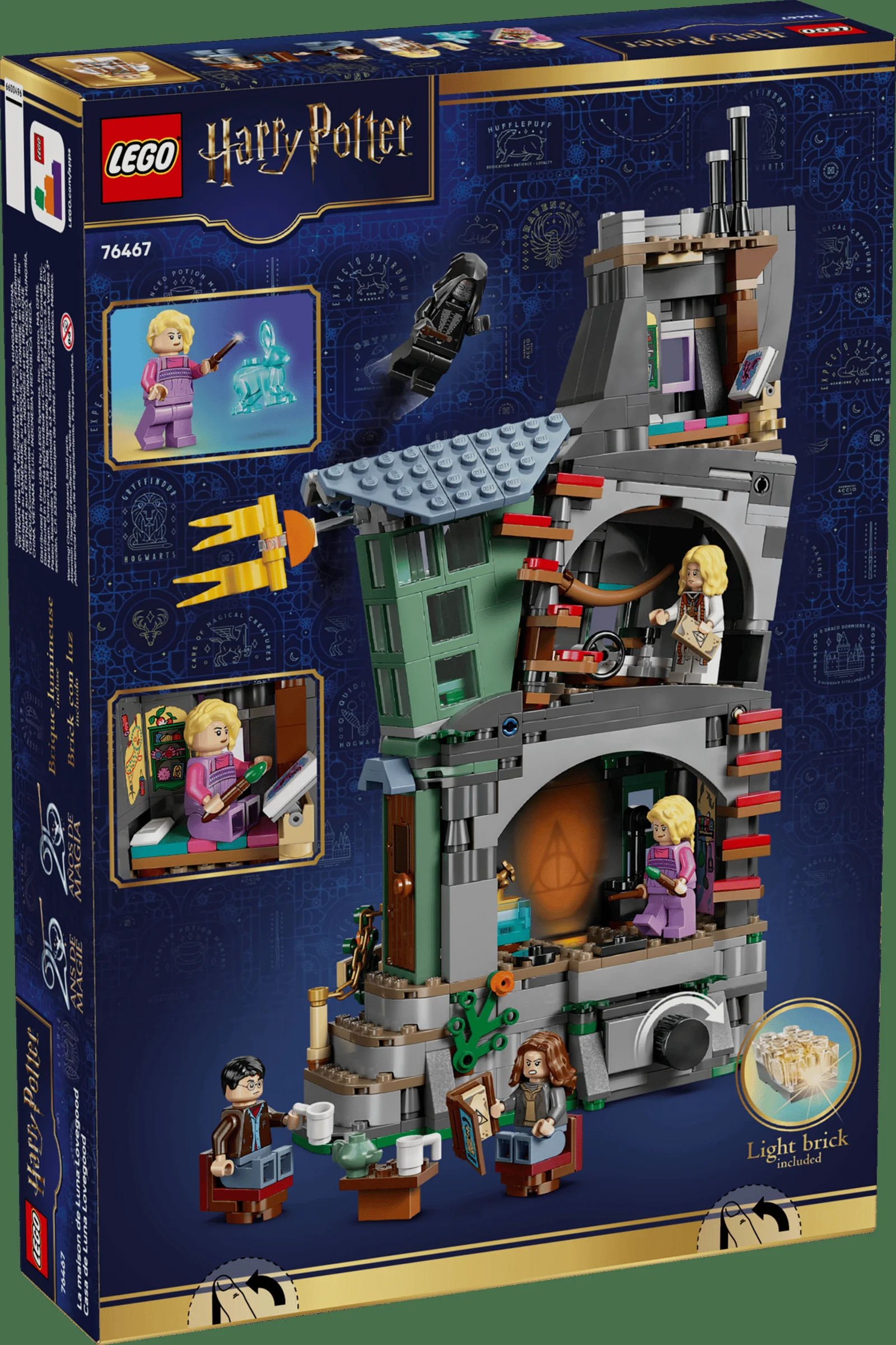 Spatele cutiei LEGO 76467 Casa Lunăi Lovegood, cu detalii despre set și minifigurine.