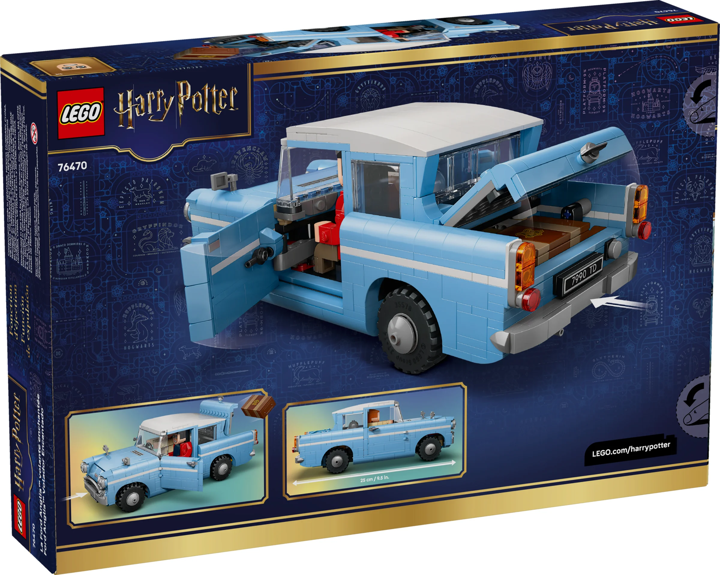 Cutia setului 76470, Ford Anglia Zburătoare, prezintă modelul construit și detalii despre funcții.