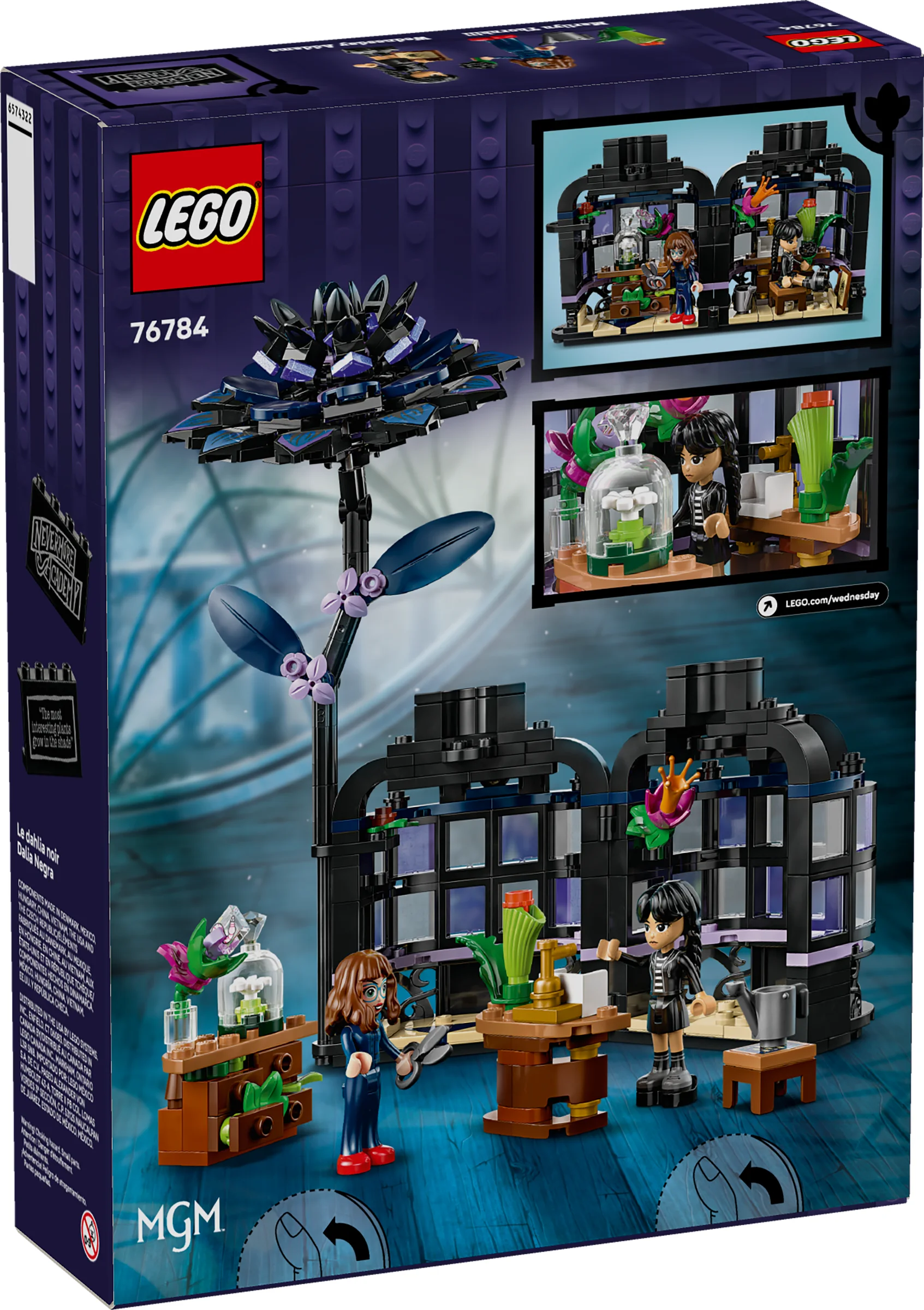 Cutia setului LEGO 76784, cu modelul finalizat și detaliile grădinii Nevermore.