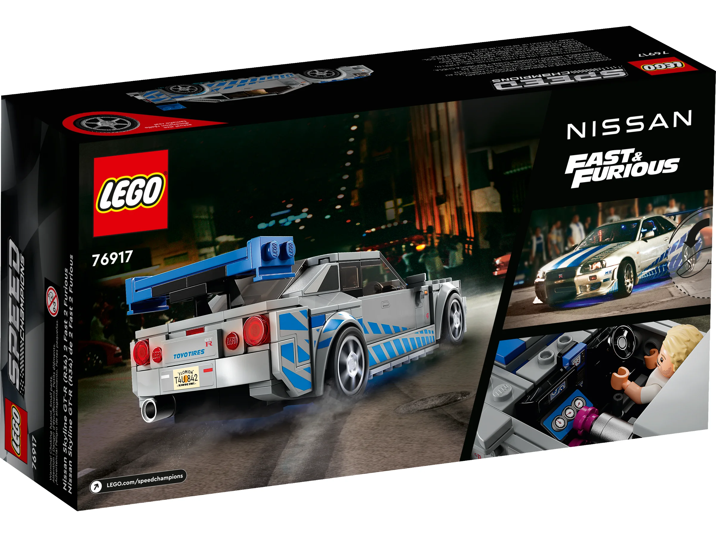 Cutia setului LEGO 76917 Nissan Skyline GT-R (R34), cu modelul și detalii interesante.