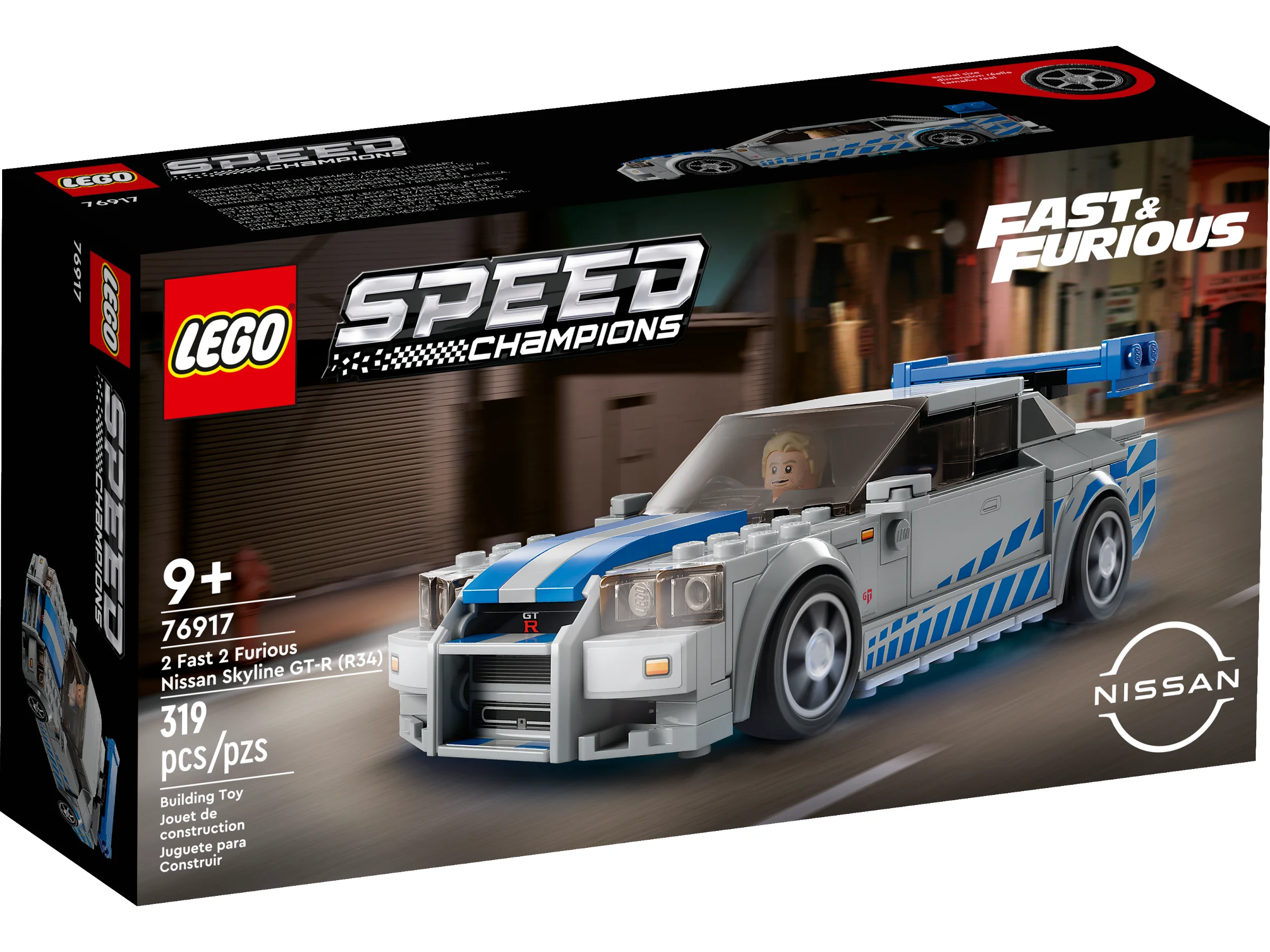 Cutie LEGO 76917 Nissan Skyline GT-R (R34) din „2 Fast 2 Furious”. Model atrăgător pentru fani.