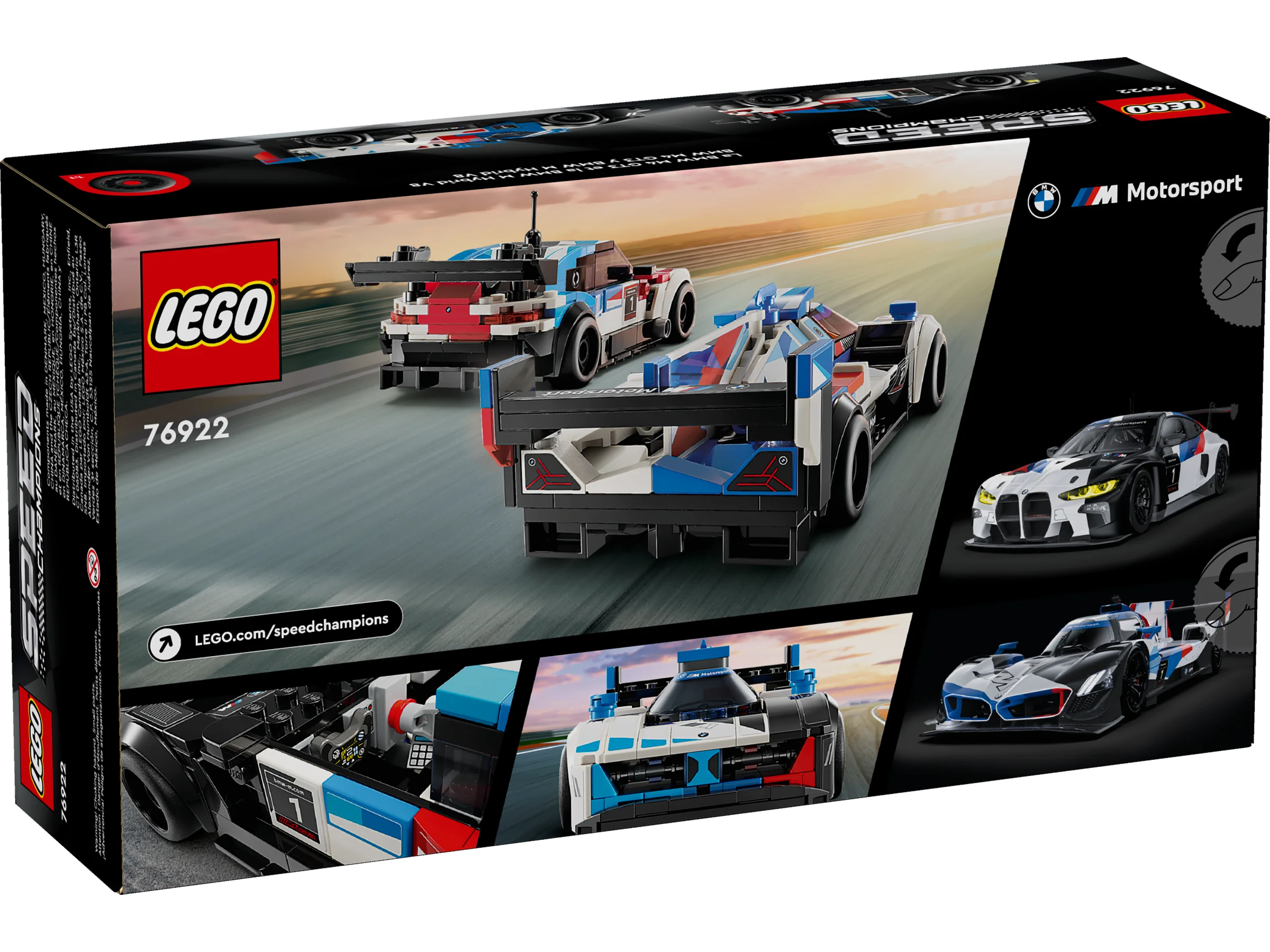 Cutia setului LEGO 76922, cu imagini detaliate ale mașinilor BMW M4 GT3 și BMW M Hybrid V8.