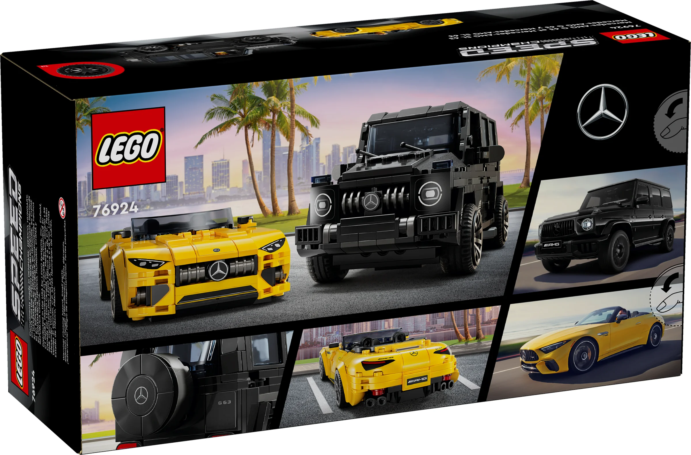 Cutia setului LEGO 76924, cu modelele Mercedes-AMG G 63 și Mercedes-AMG SL 63 prezentate.