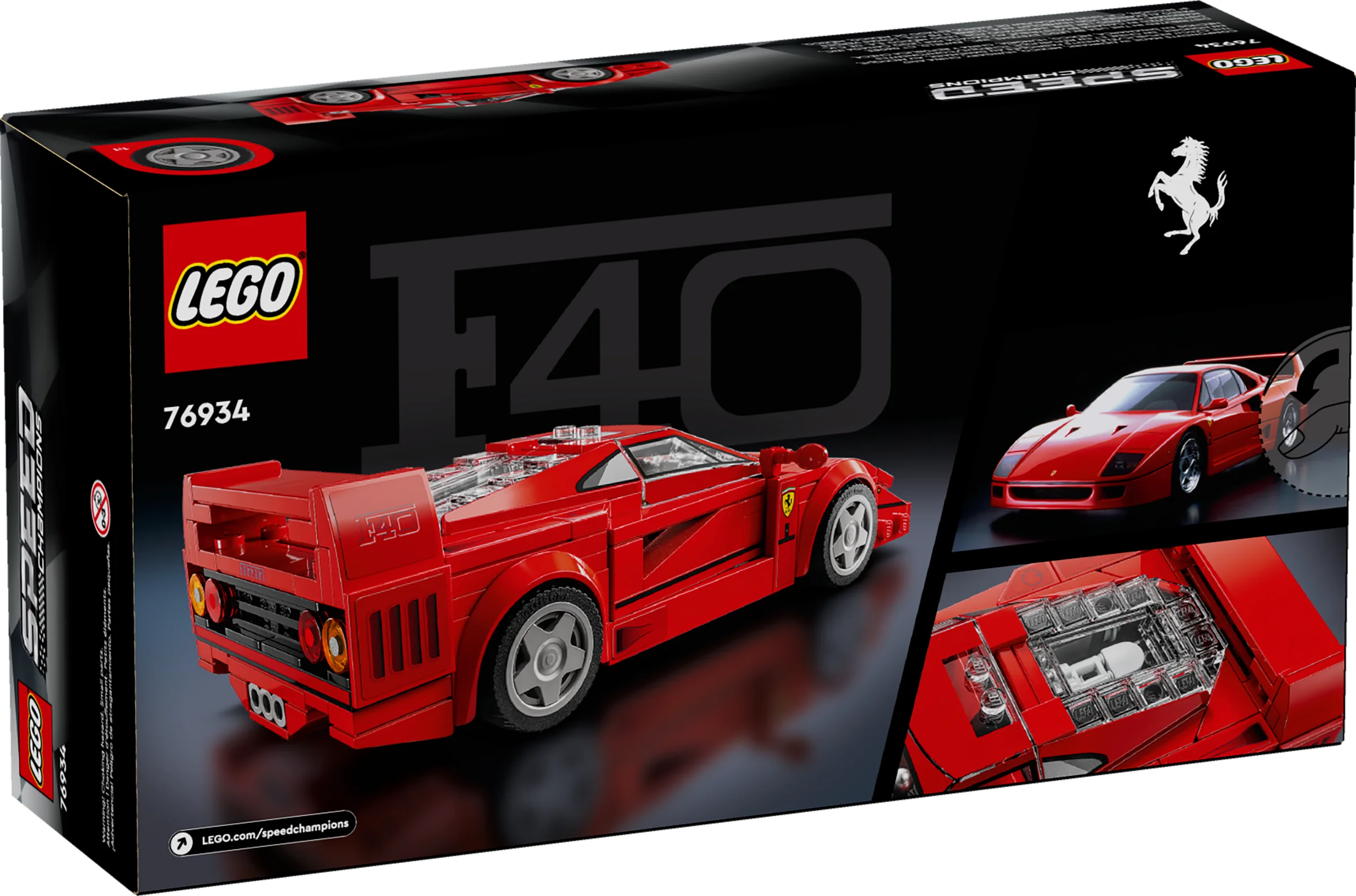 Cutia LEGO Ferrari F40 (76934), cu modelul mașinii și detalii despre caracteristici.