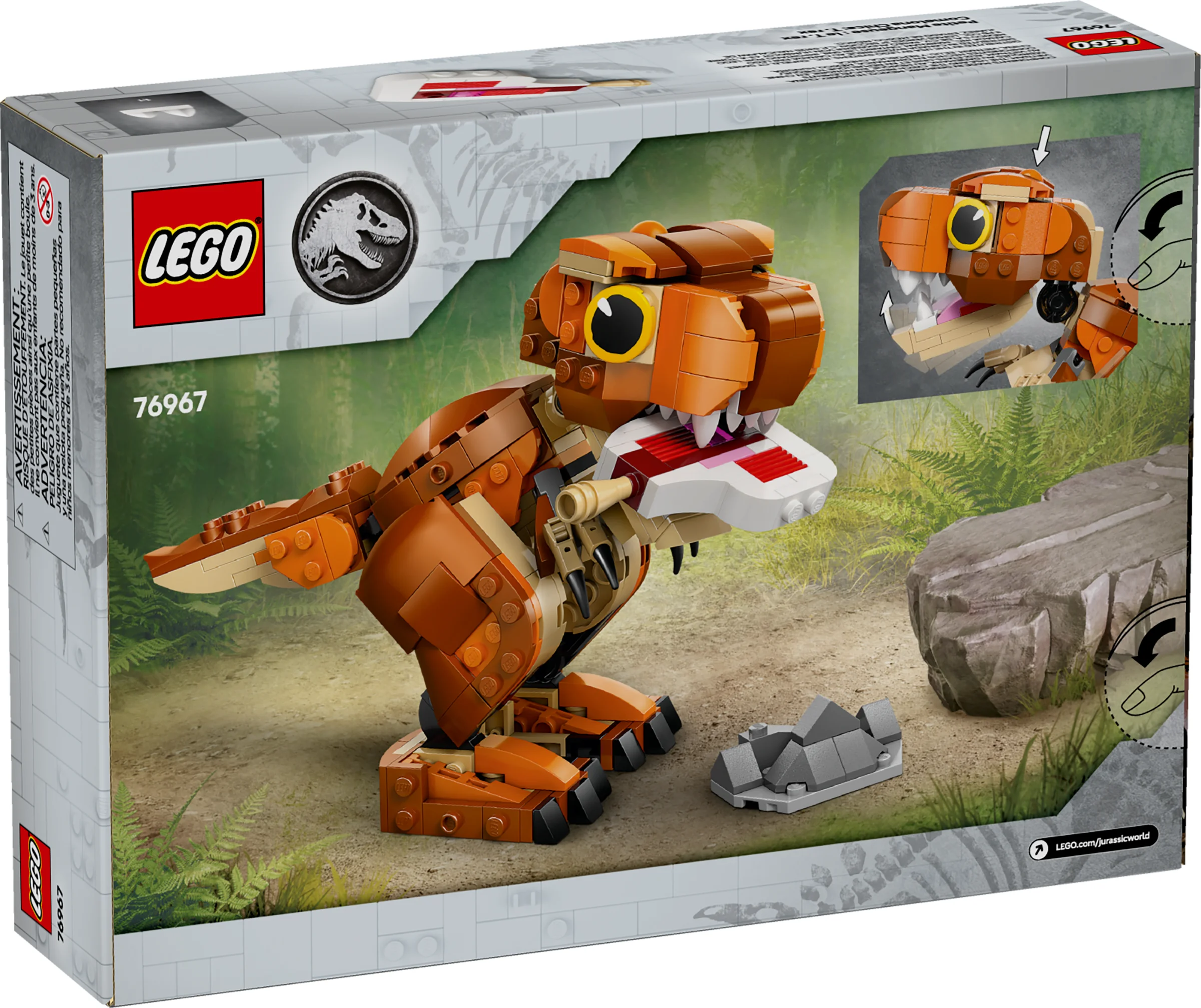 Imagine detaliată a cutiei LEGO 76967, Little Eatie T. rex, cu modelul și caracteristicile sale.