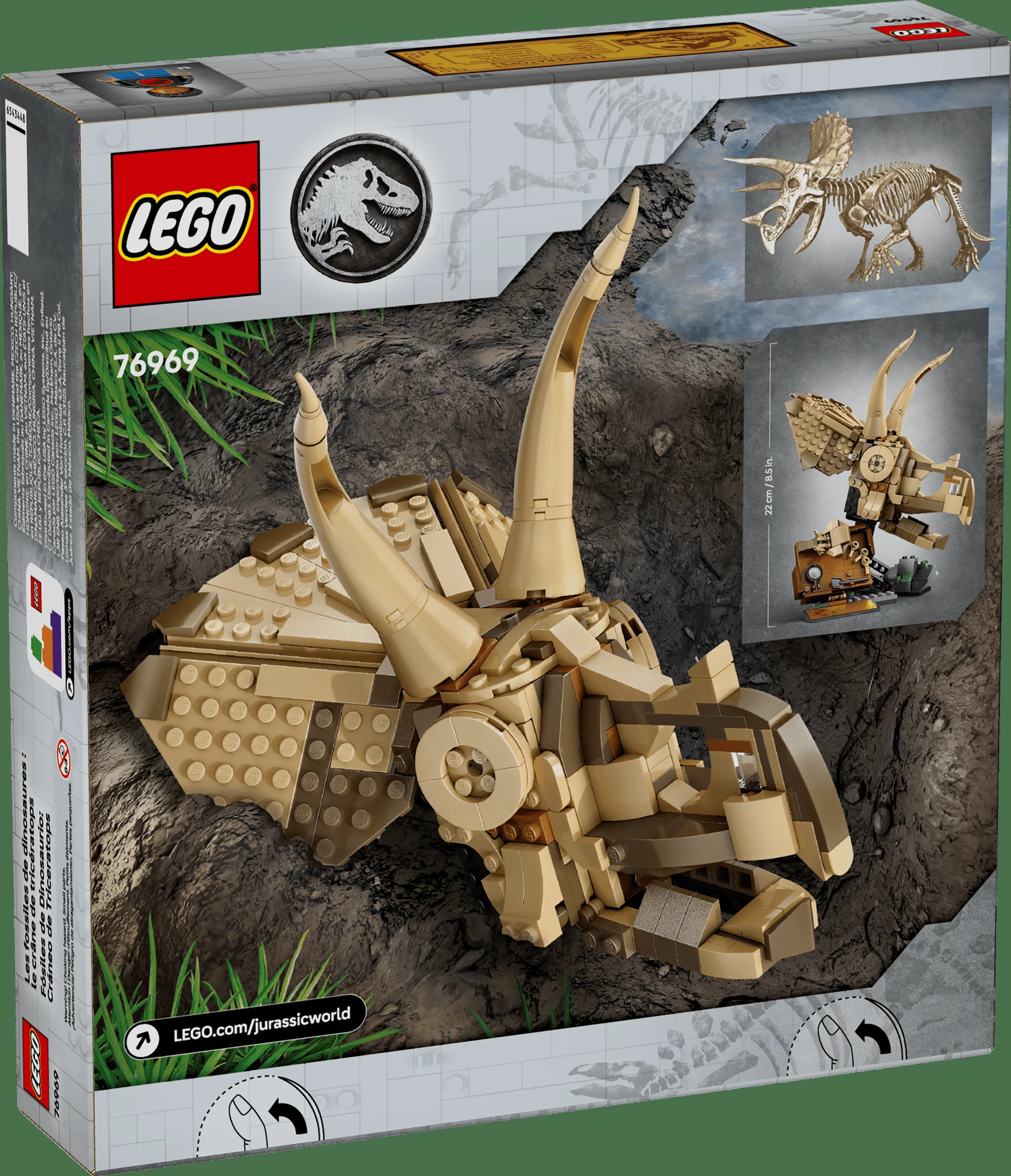 Cutia LEGO 76969 prezintă craniul de Triceratops, detaliată și realistă. O piesă de colecție unică.