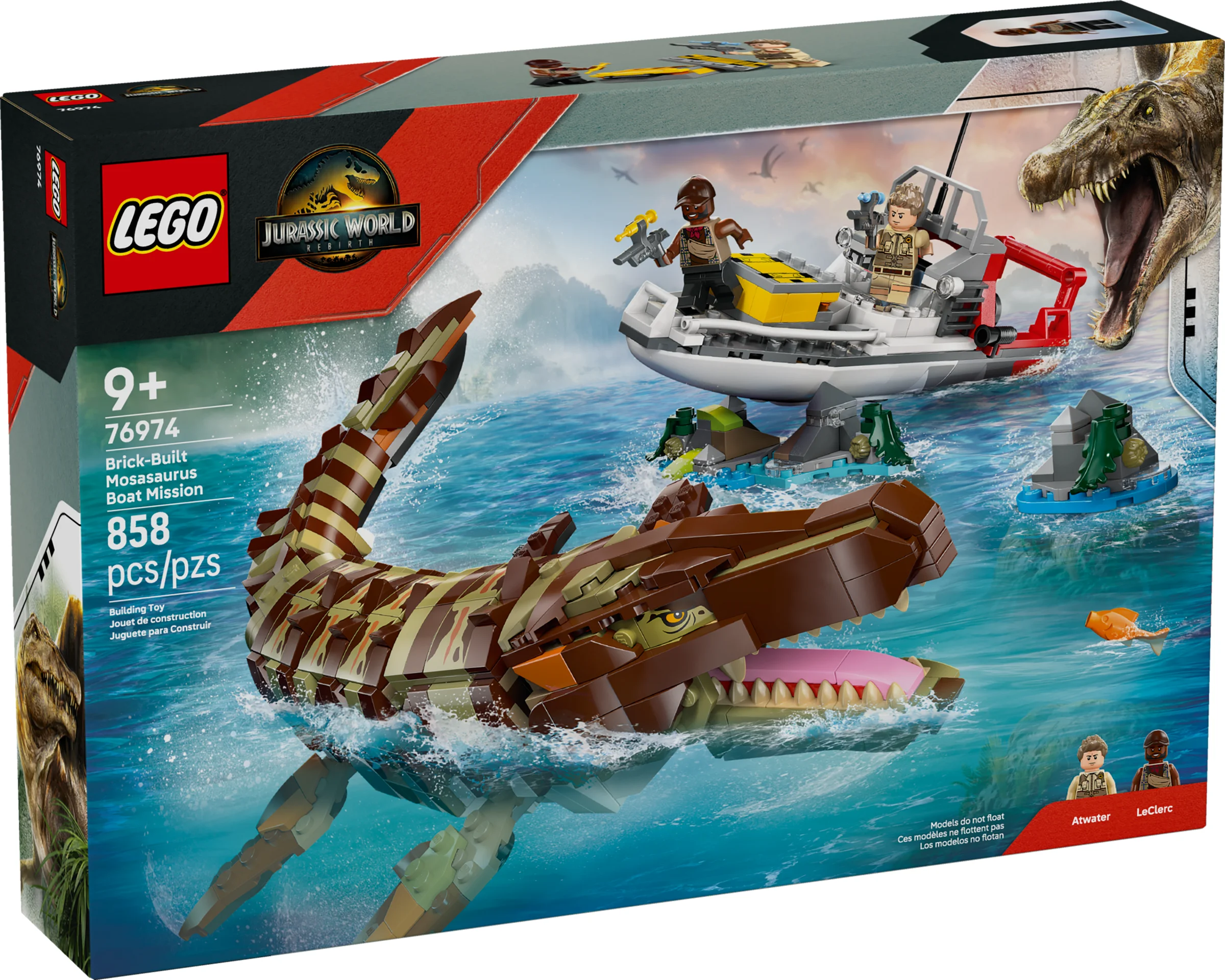 Imaginea cutiei LEGO 76974 cu Mosasaurus construit din cărămizi și o barcă. Set Jurassic World, distractiv și plin de aventură.