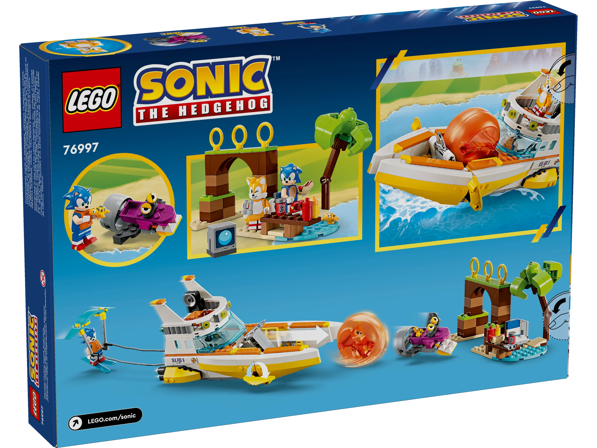 Spatele cutiei LEGO 76997, cu scene de joacă și detalii ale setului Aventura pe Barcă a lui Tails.