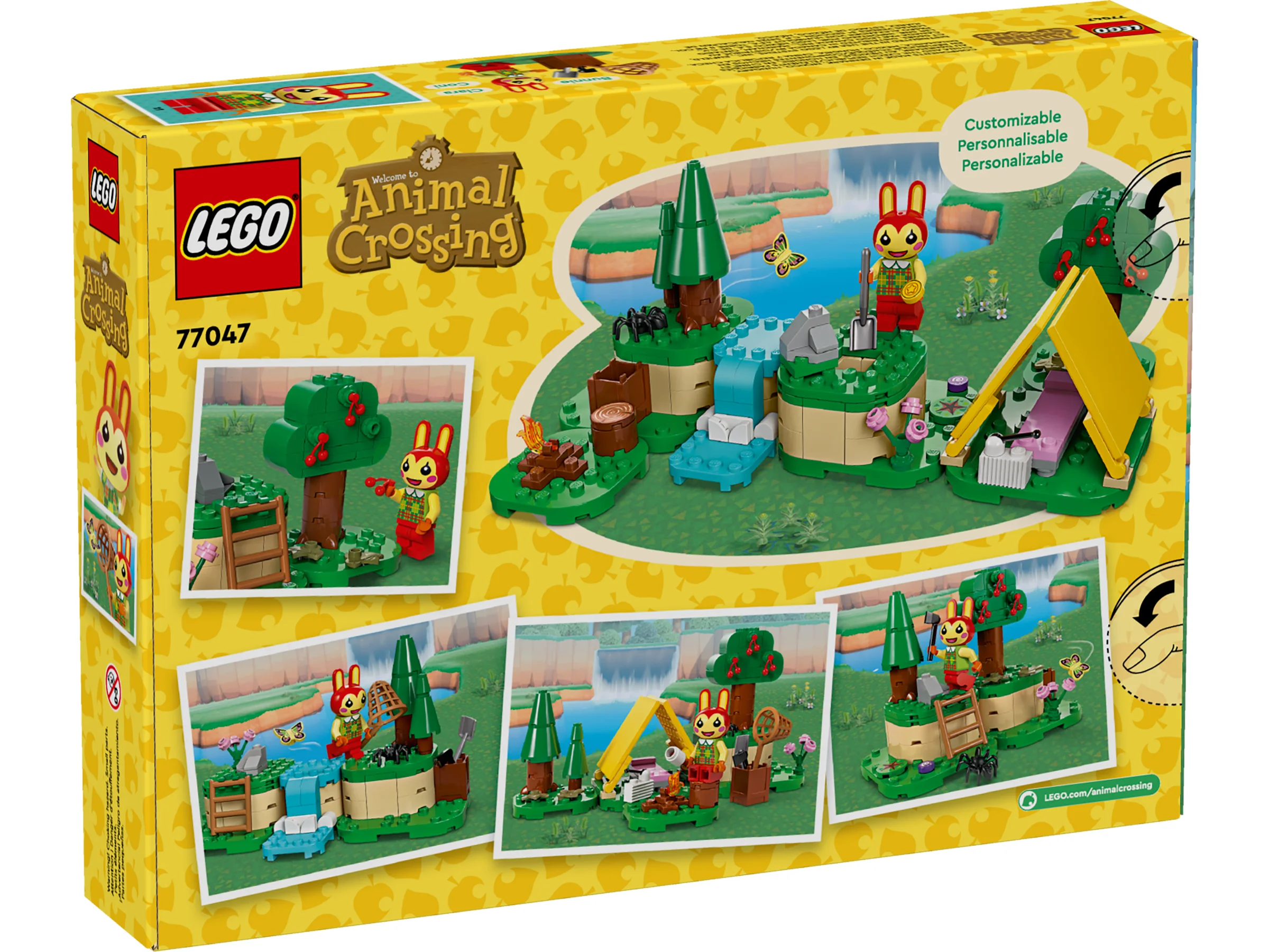 Imagine cu spatele cutiei LEGO 77047 Bunnie's Outdoor Activities, cu scene și funcții.