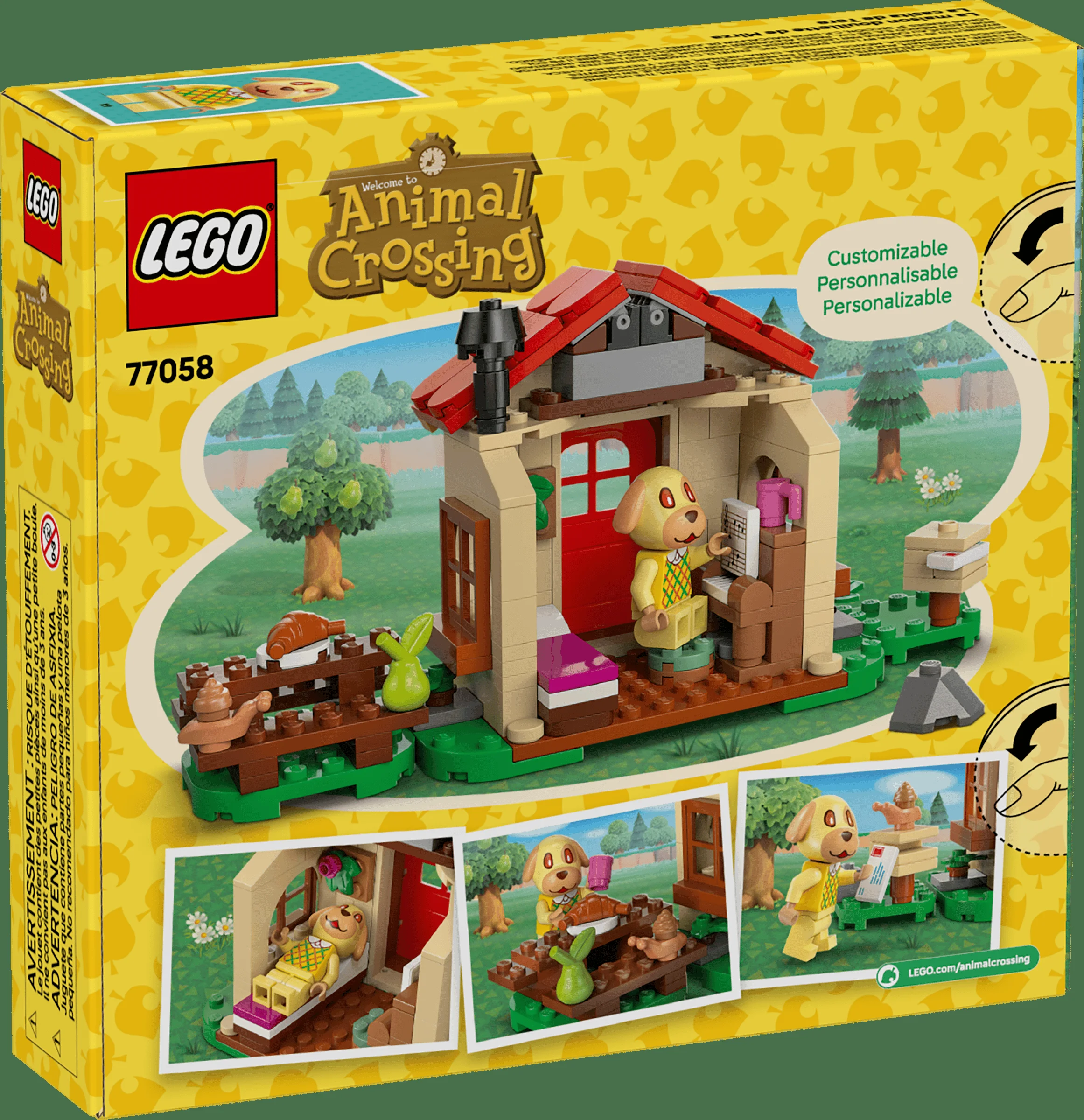 Cutia setului LEGO Animal Crossing 77058, prezentând casa primitoare a lui Goldie.